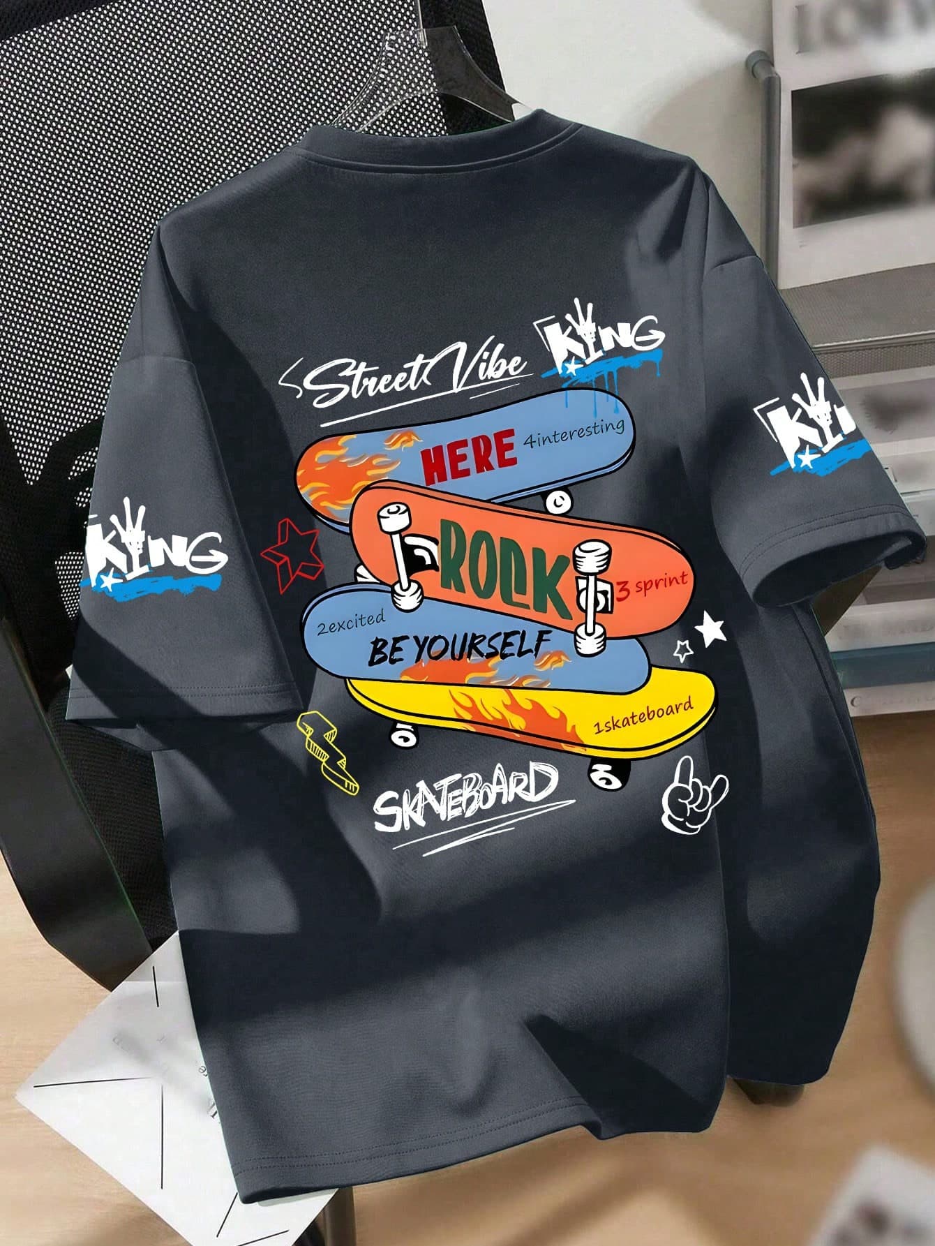 Teenage Boys' Skateboard Print Round Neck T-Shirt, Casual Soft Top For Summer