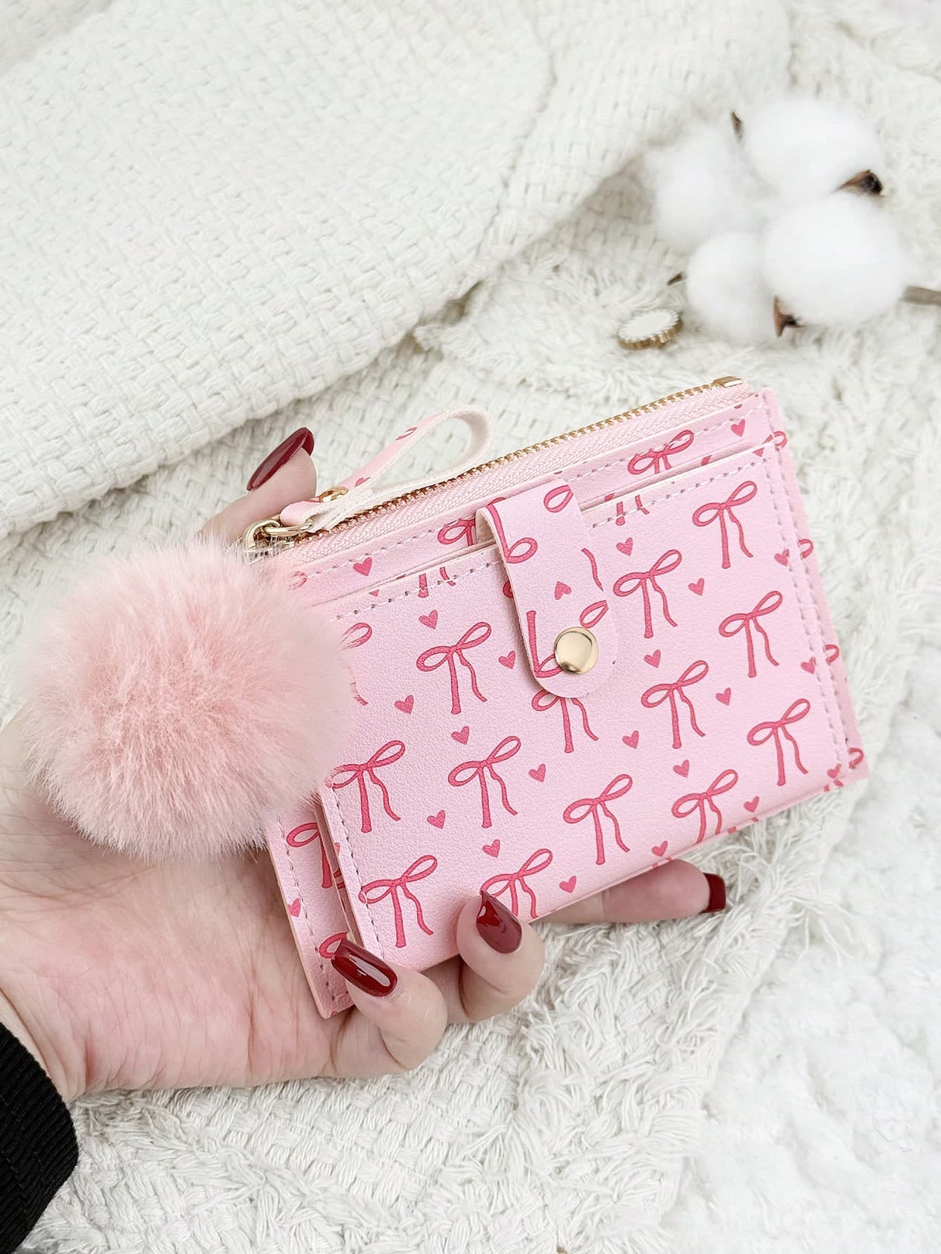 This Pink Bowknot Heart Pattern Card Holder With A Furry Pom-Pom Pendant Is Fashionable, Credit Cards, Wallet For Women, Travel, Portable, Lightweight