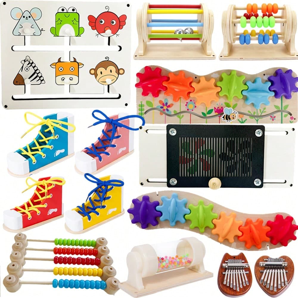 Montessori Busy Board Wooden Toy DIY Accessories, Early Education Activity Board For Developing Baby's Fine Motor Skills, Hand-Eye Coordination And Exploration Abilities, Beads, Rollers, Rotating Gears, Shape Matching Educational Toy Parts (Adult Assembly Required)
