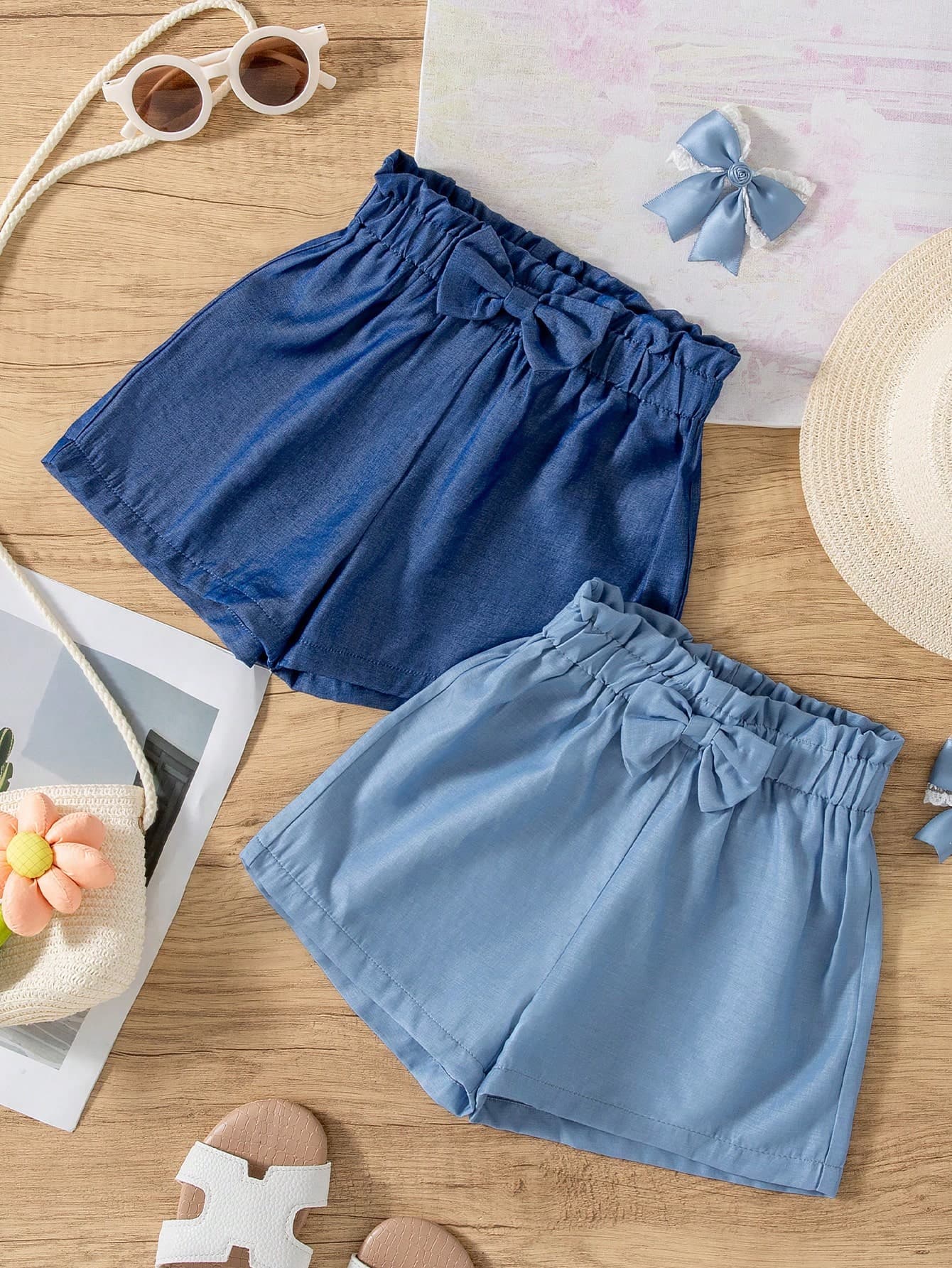 2pcs/Set Girls Casual Solid Color Bow Decor Shorts, Summer