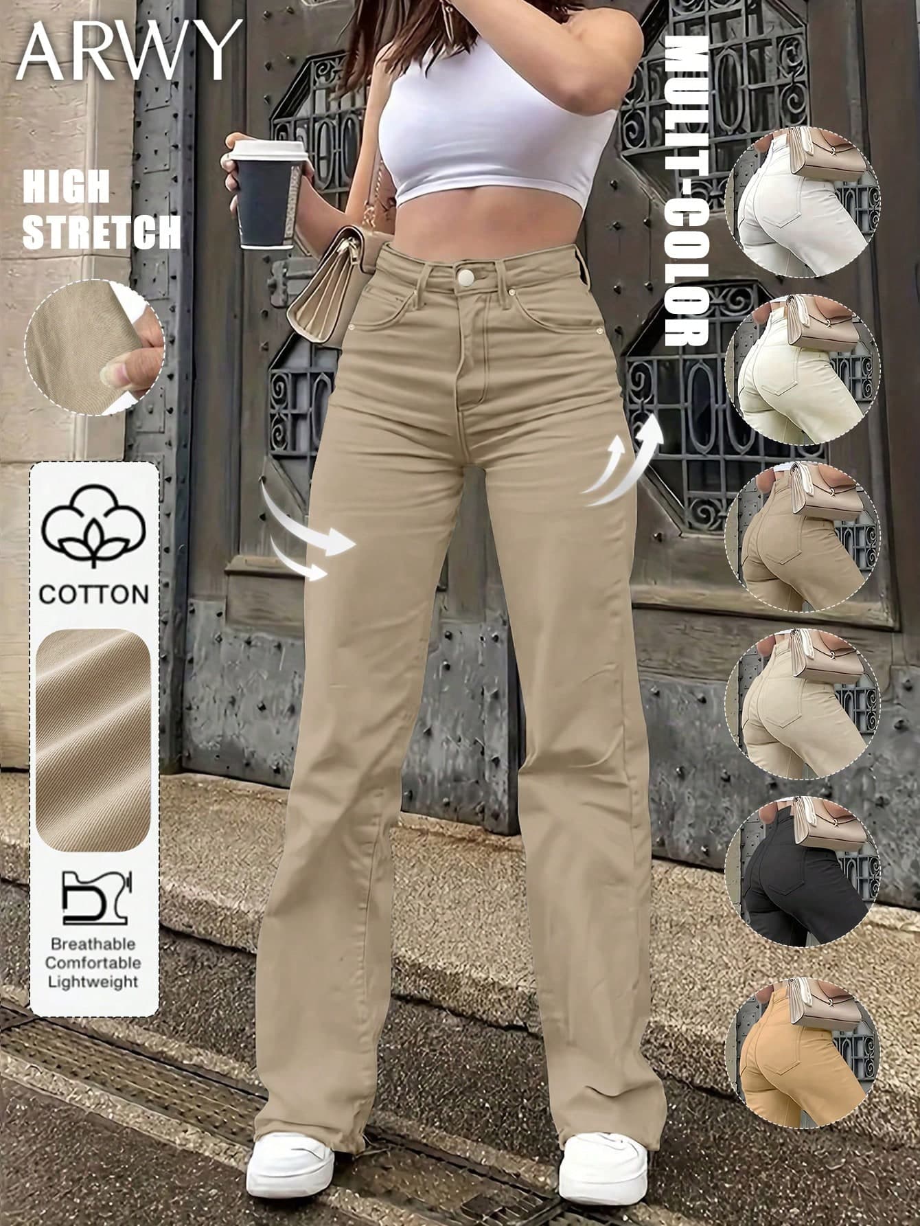ARWY Women's Solid Color Minimalist Fashion Versatile High Waist Slim Straight Leg Jeans, Fitted For Casual, Travel, Date, All Seasons, Back To School, Easter, Independence Day, Carnival, Christmas Spring