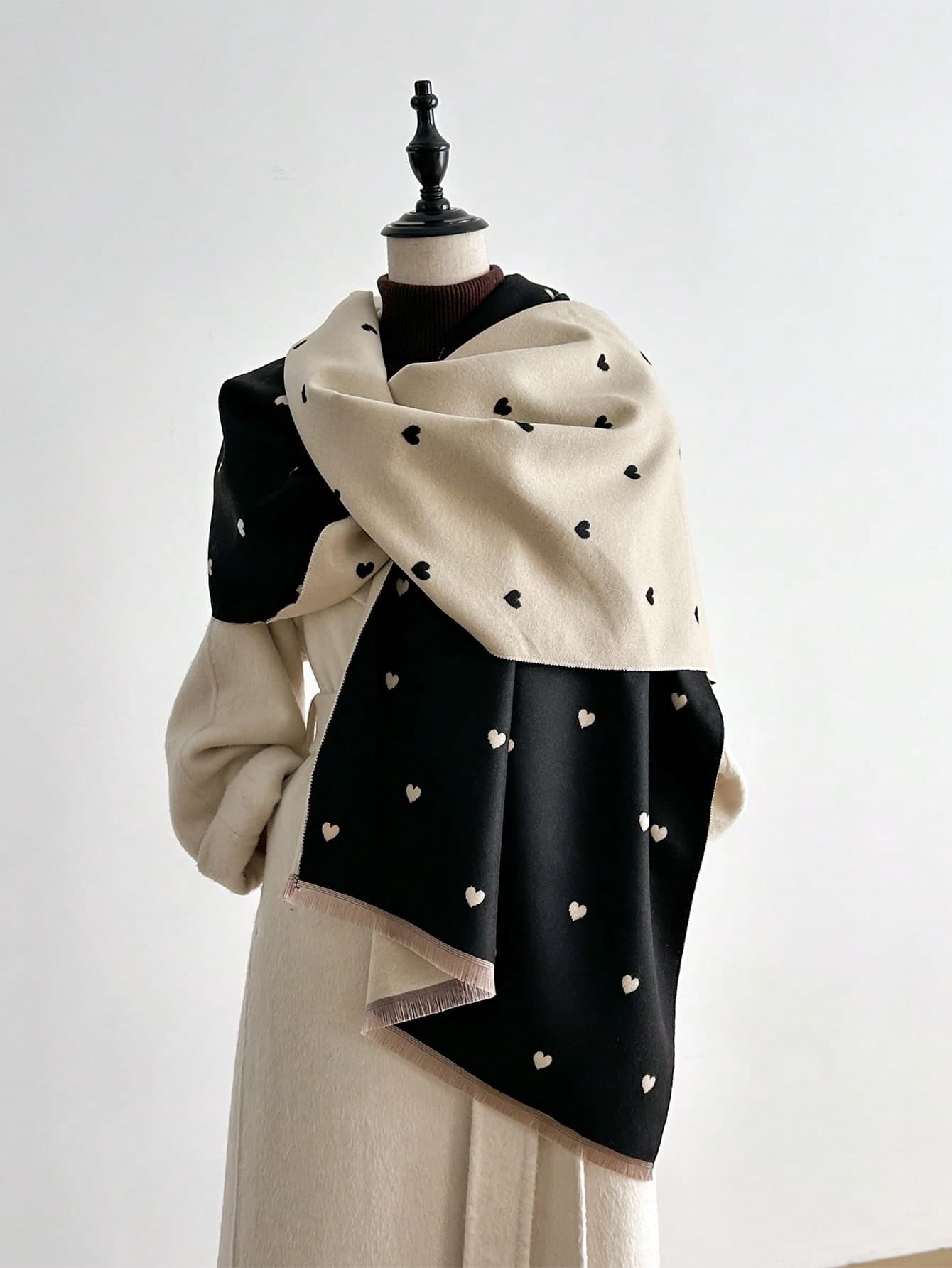 1pc Jacquard Knit Heart Pattern Faux Cashmere Shawl, Fashionable Versatile Air Conditioning Wrap, Thick & Warm, Suitable For Daily Use