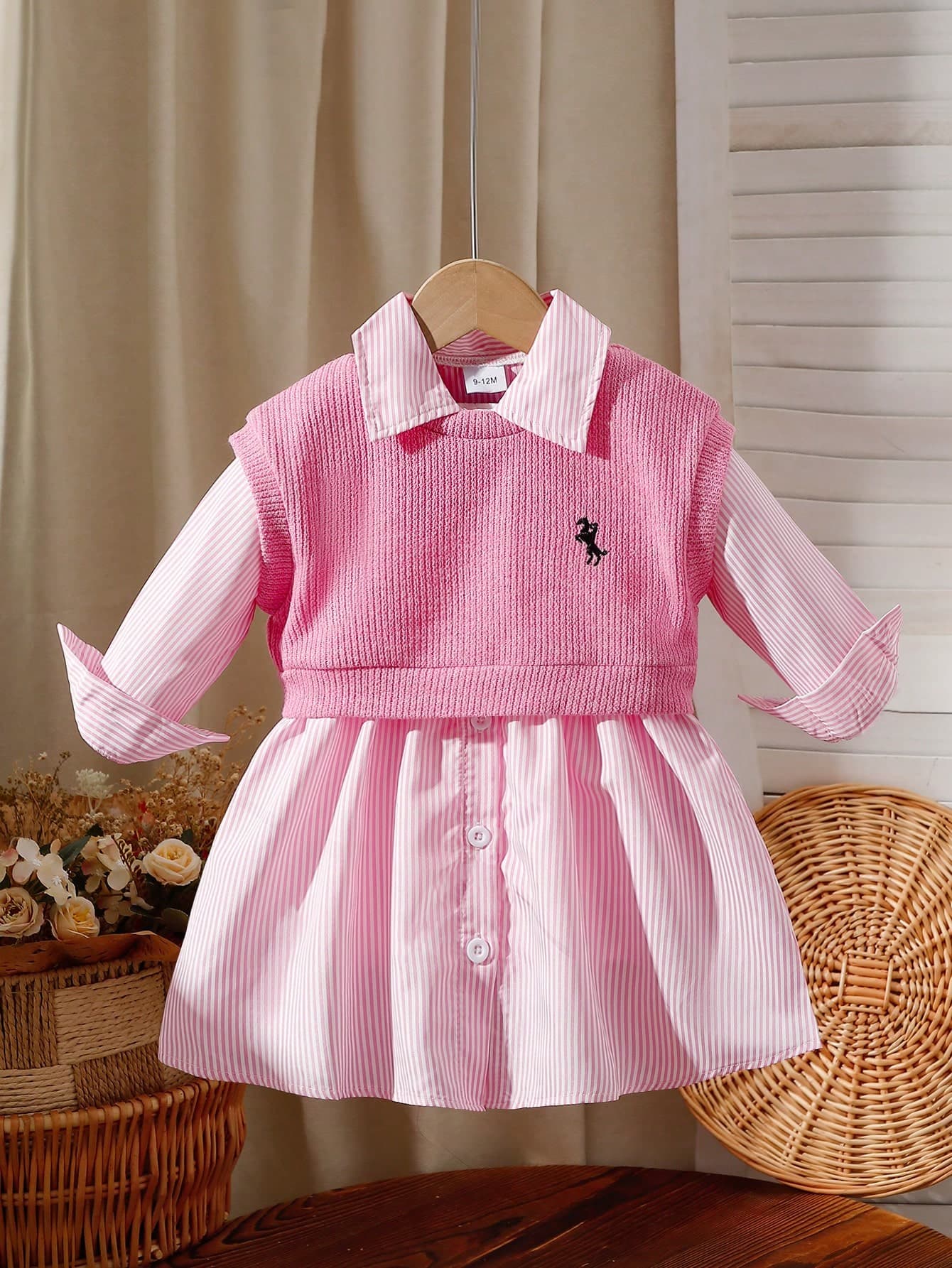 2pcs Baby Girls' Bow Decor Camisole And Long Sleeve Shirt Dress, Casual Daily Outfit, Suitable For Spring/Summer Outings And Home, School Style