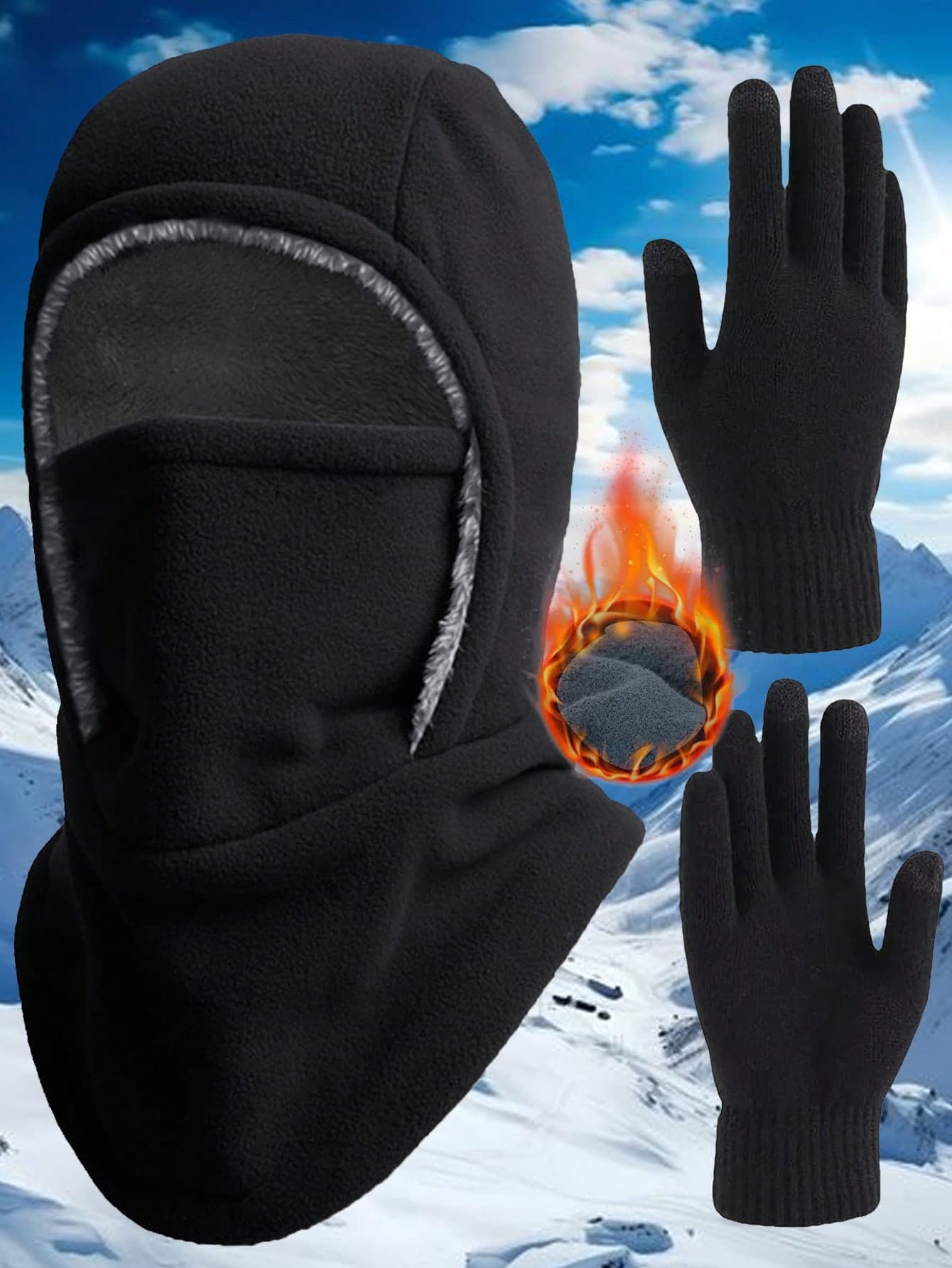 2Pcs Set Unisex Fleece Lined Winter Hat, Windproof Face Neck Protector For Cycling Outdoor Cold Prevention, Touch Screen Thermal Knit Warm Gloves