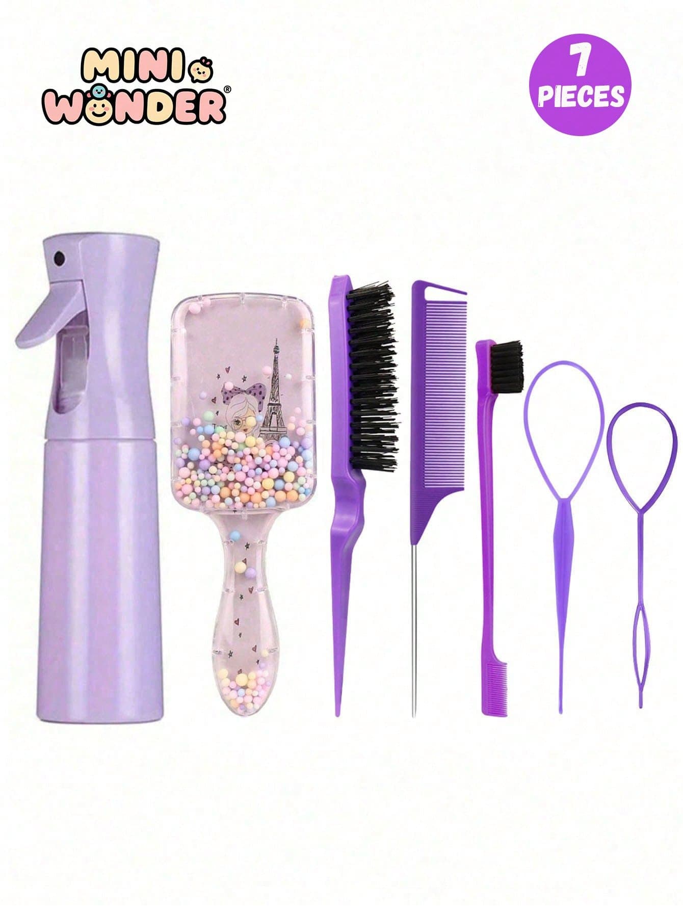 7pcs/Set Square Comb & Spray Bottle Set, Cartoon Eiffel Tower Print Anti-Static Plastic Comb, Portable Pattern Hair Comb, High Pressure Mist Spray Bottle, Suitable For Teenagers, Normal Hair, Durable ABS Handle, Cute Square Design, Hair Styling Tool Set