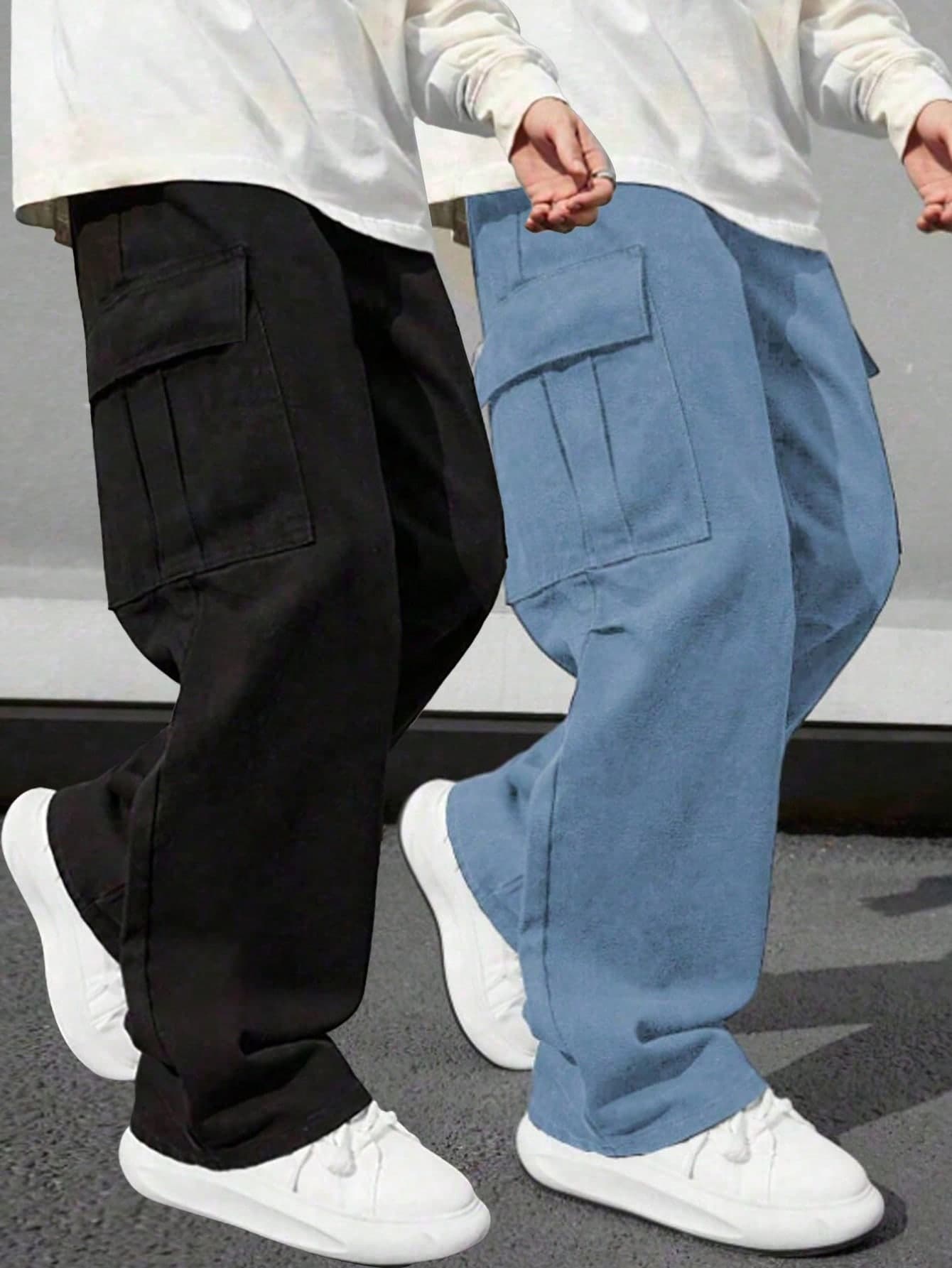 2pcs/Pack Boys/Teenagers Casual Sports Outdoor Cargo Pants, Large Pocket Design, Spring/Autumn Style, Lightweight Polyester Fabric
