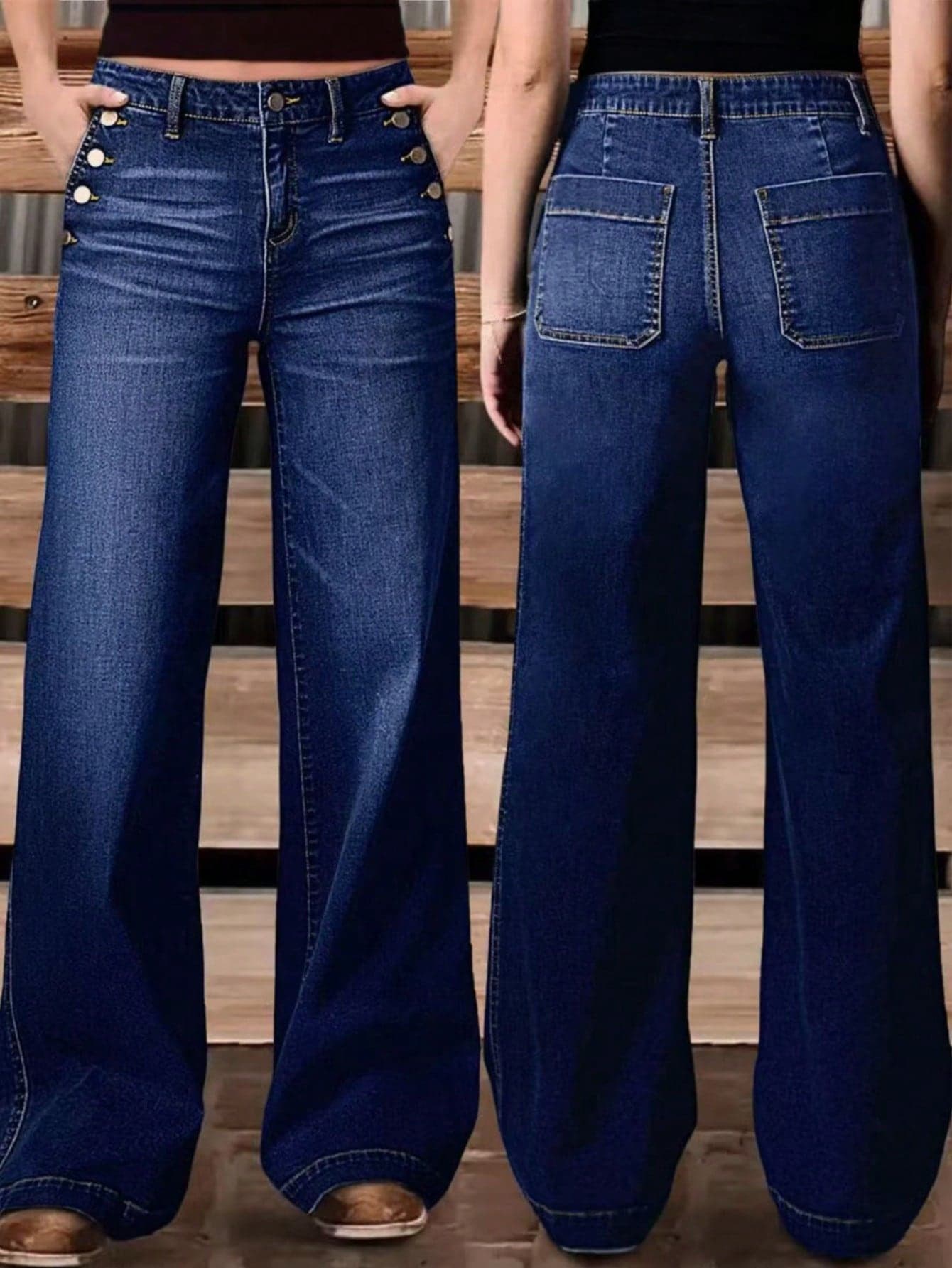 New Women's Multi-Button Washed Straight Leg Casual Jeans, High Quality Denim Pants Spring