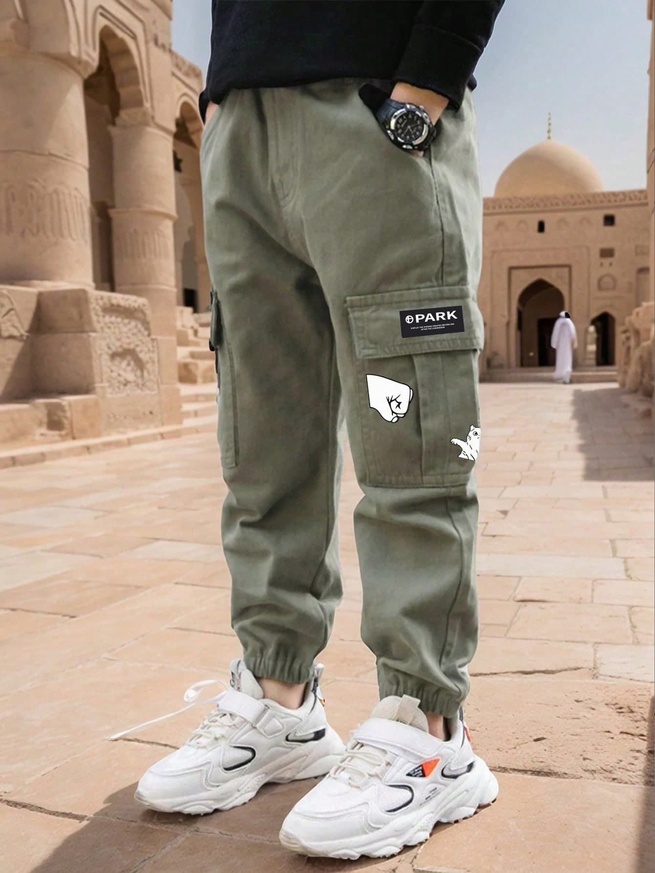 1pc Tween Boys Casual Outdoor Workout Cargo Pants With Cartoon Print Pockets, Long Pants For Spring, Summer, Autumn, Back To School