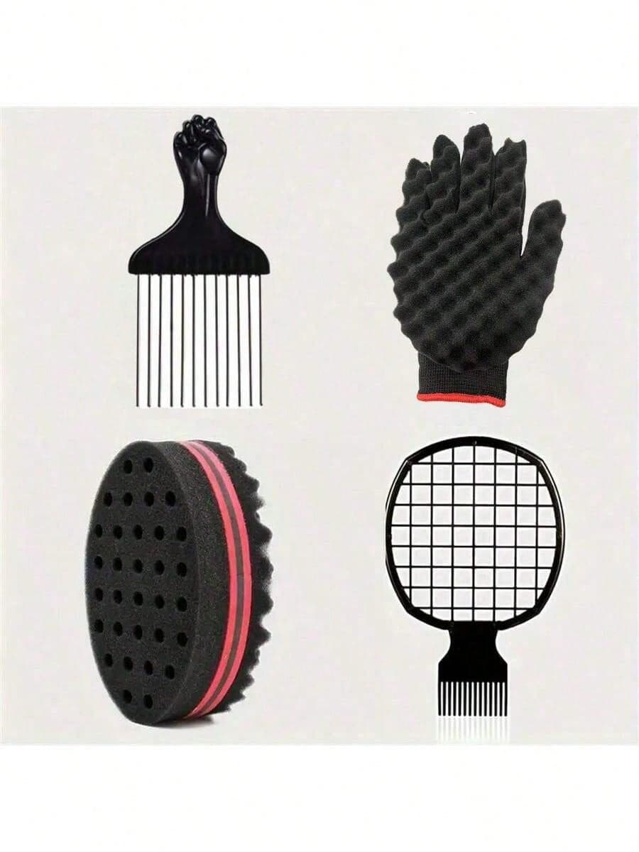 4pcs Hair Styling Sponge Set, Curling Sponge Gloves, Metal Hair Comb, Curling Comb, Salon Daily Use Foil Hair Comb Set, Pink Accessories, Men's Hair Styling Sponge, Barber, Men's Accessories, Men's Head Accessories