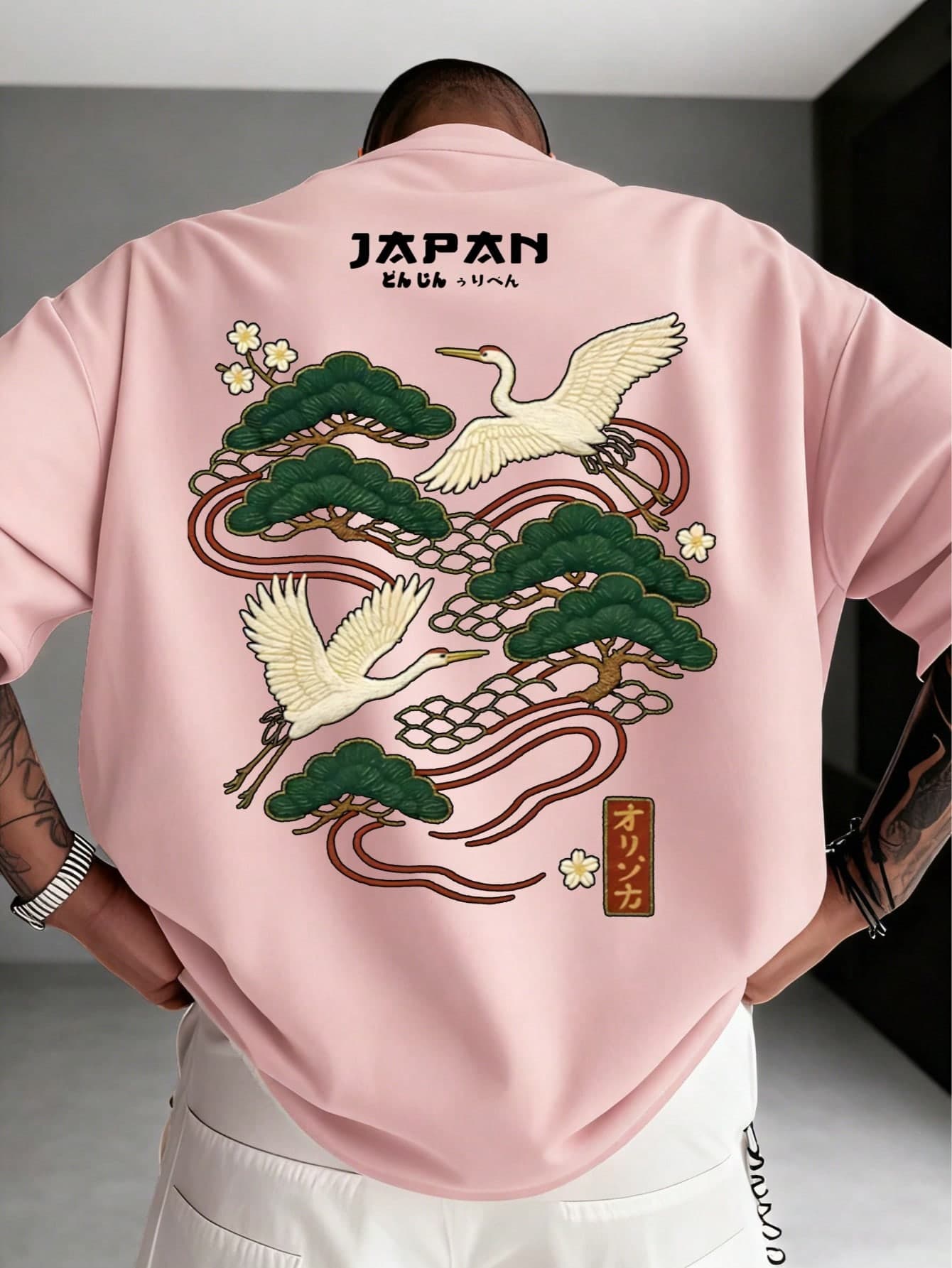 Zrgoth Men's Casual Versatile Minimalist Japanese Crane Print Short Sleeve T-Shirt