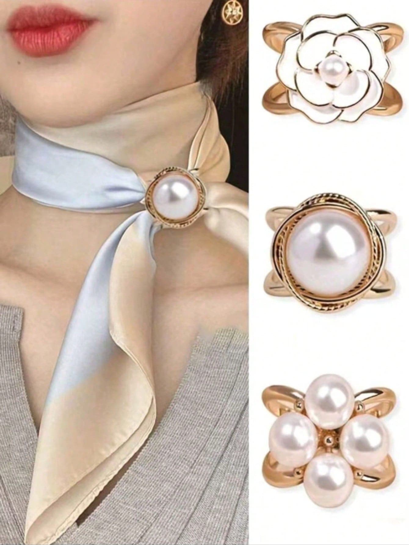 3pcs/Set Women's Fashion Gold Faux Pearl Silk Scarf Combination With Brooch, Versatile Scarf Clip, Scarf Holder Brooch,Beach,Holiday