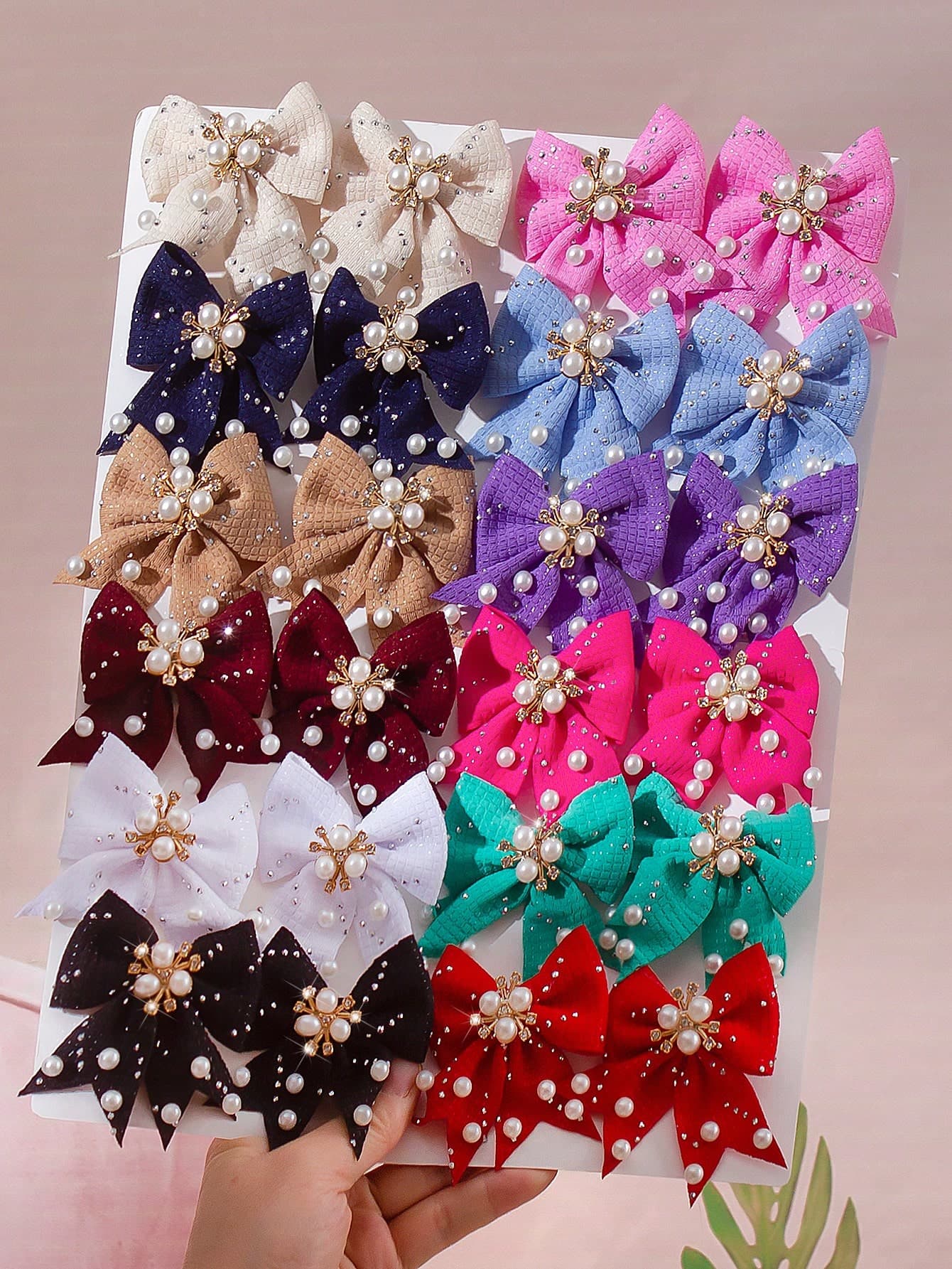 6pcs Random Solid Color Rhinestone Textured Bow Hairpins, Elegant Pearl Crystal Barrettes, Graceful Girls Princess Hair Accessories For Daily Wear And Party