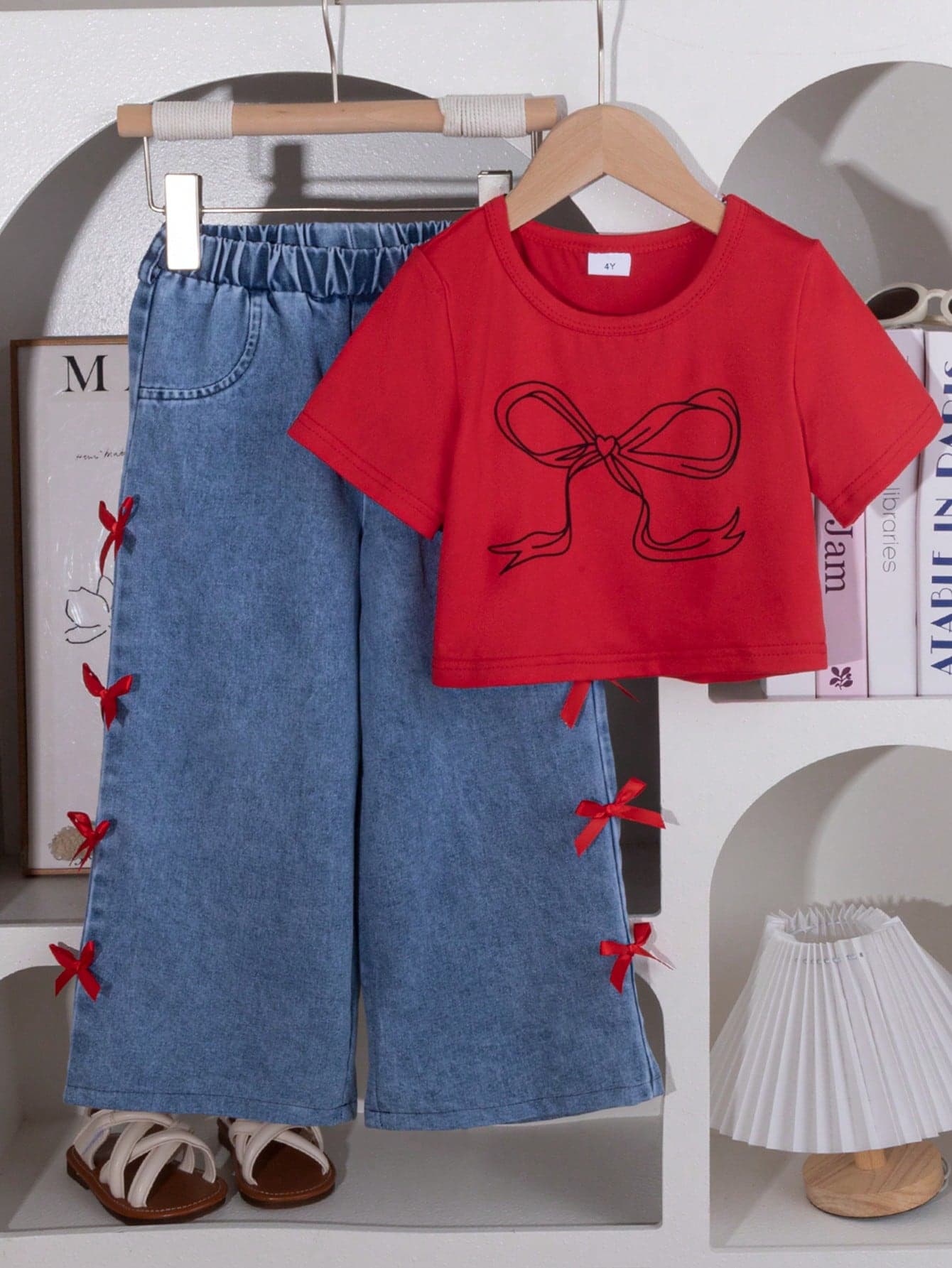 Girls' Bow Print T-Shirt & Wide Leg Bow Decor Pants Set, Fashionable Summer Outfit