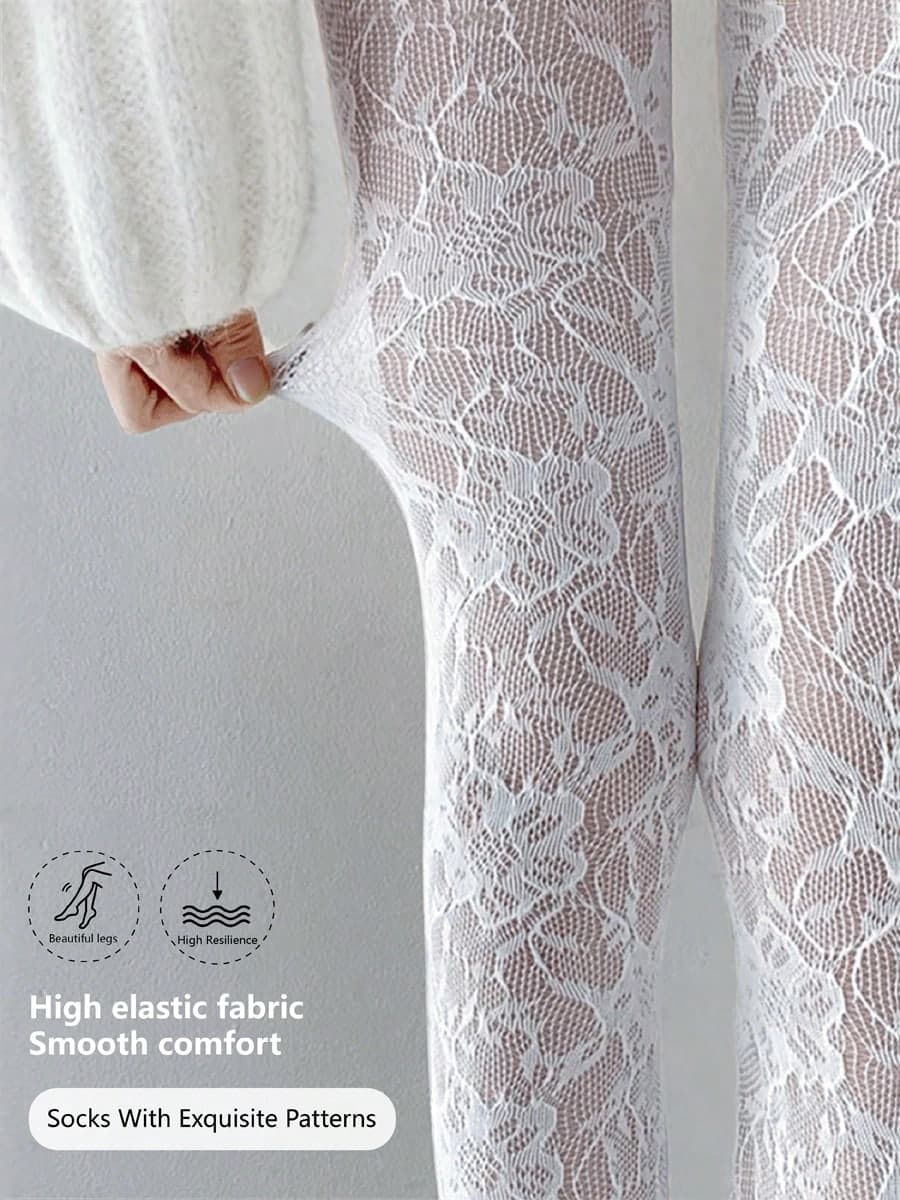 Women's White Floral Jacquard Hollow Out Fishnet Leggings, Sexy Tight Fit Sheer Stockings, High Elasticity Sweet & Hot Girl Pantyhose