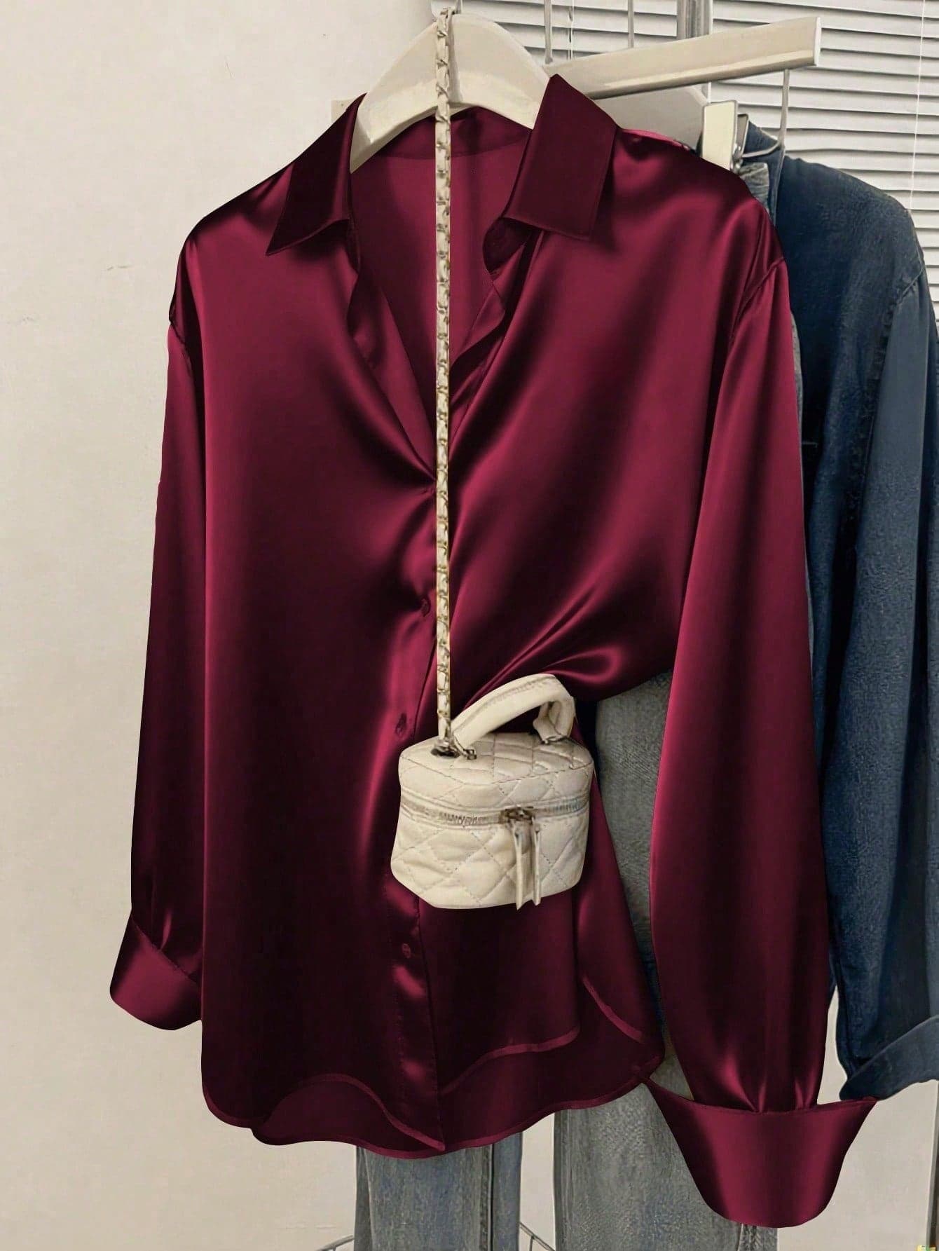 Plus Size Women's Solid Color Satin Long Sleeve Shirt, Pointed Collar Single-Breasted Top, Elegant Casual Blouse, Suitable For All Seasons