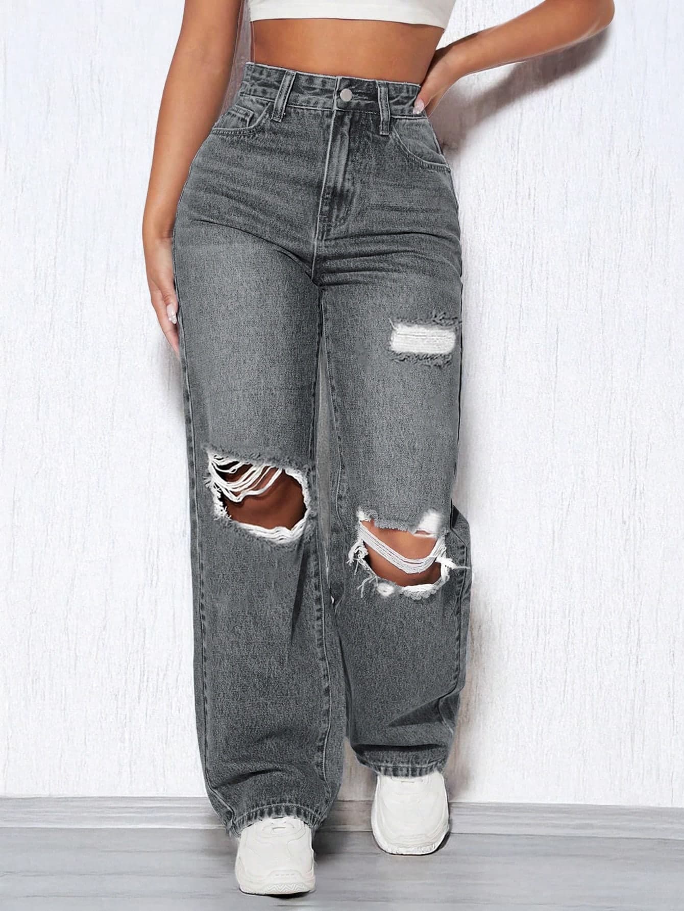 High-Waisted Loose Straight-Leg Jeans, Slant Pockets And Split Hem Design. Vintage Street Bohemian Style. Casual