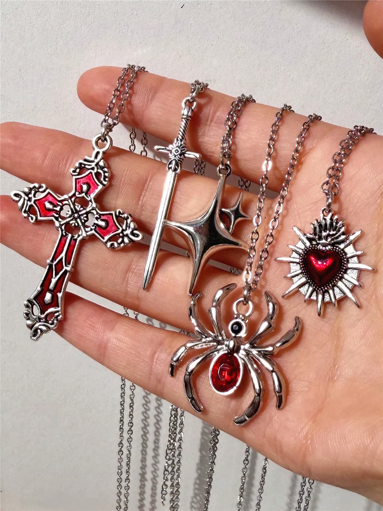 Y2K Retro Gothic Punk Rock Style Red Heart Gemstone Rose Cross Heart Ruby Spider Sword Pendant Necklace Stainless Steel Chain Personalized Hip Hop Necklace Set Layerable, Unisex