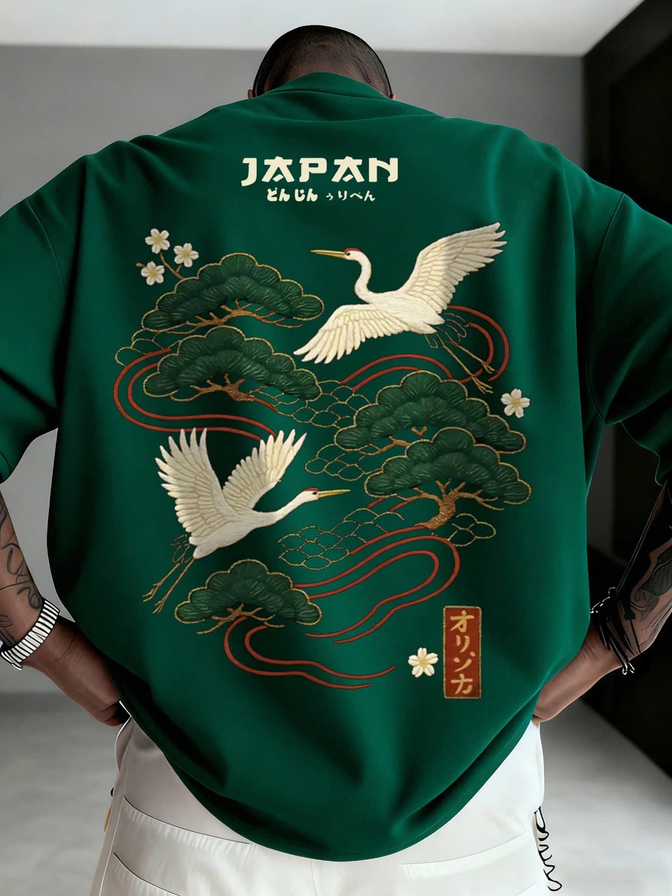 Zrgoth Men's Casual Versatile Minimalist Japanese Crane Print Short Sleeve T-Shirt