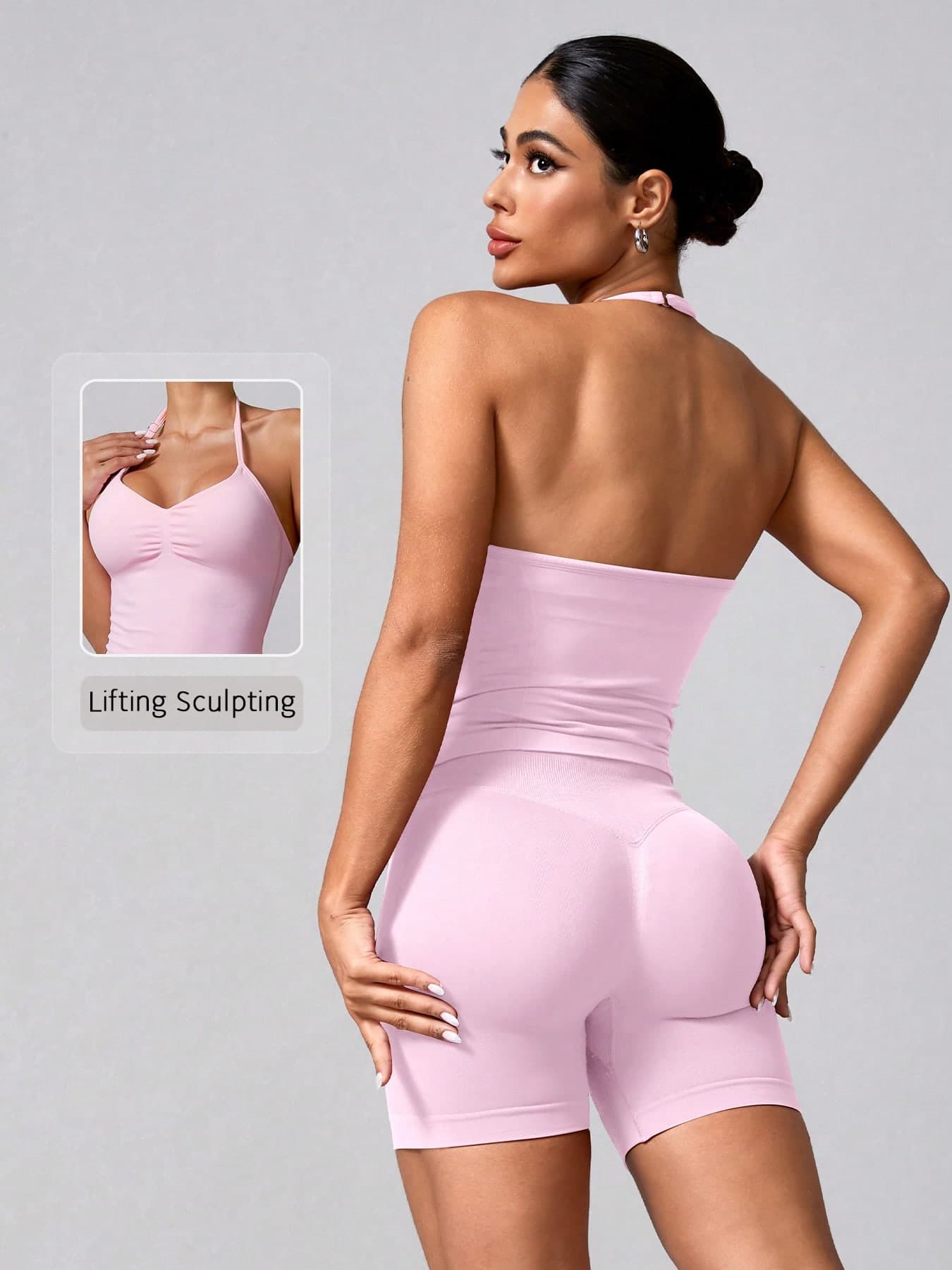 NcmRyu Women's Sexy Solid Color V-Neck Crop Top And Shorts Sports Set Pink