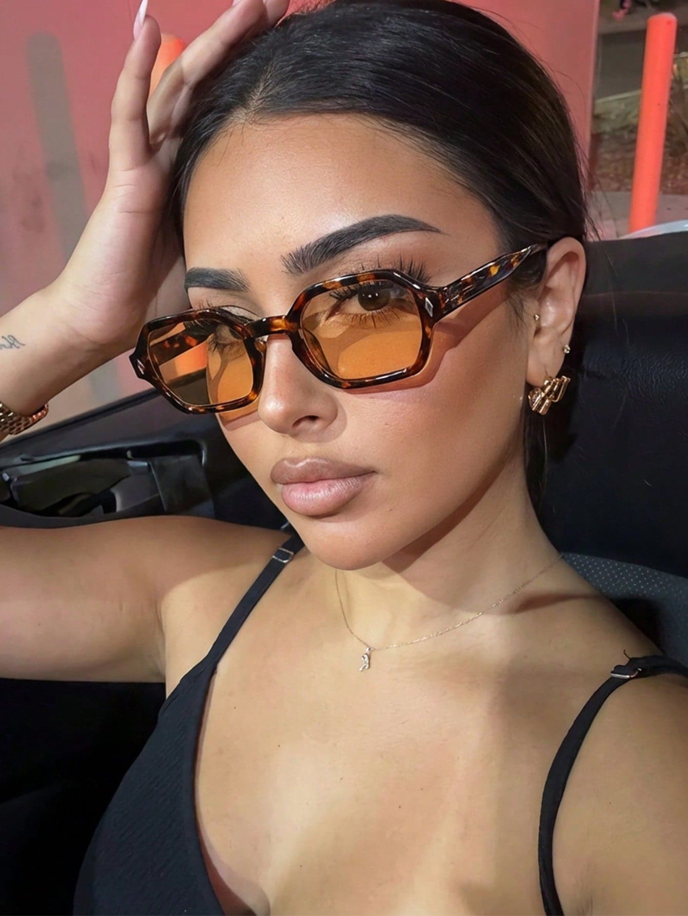 1 Pair Women's Leopard Print Polygon PC Frame Vintage Orange Lens Fashion Glasses, For Street Style And Runway