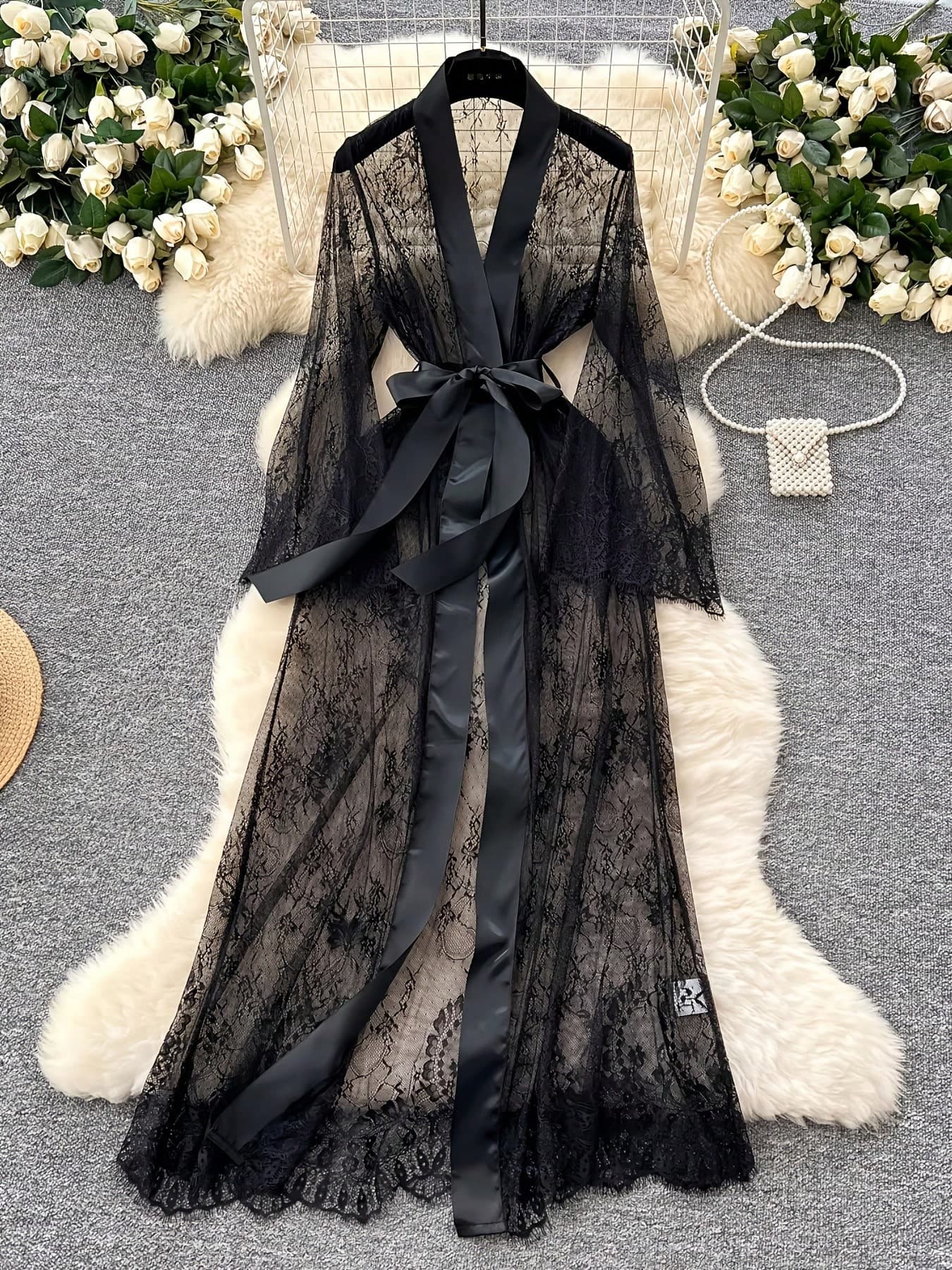 Sexy Elegant Lace-Up Robe, Lace Patchwork Outerwear Dress, Mesh Patchwork Elegant Nightgown, Loungewear, Valentine's Day
