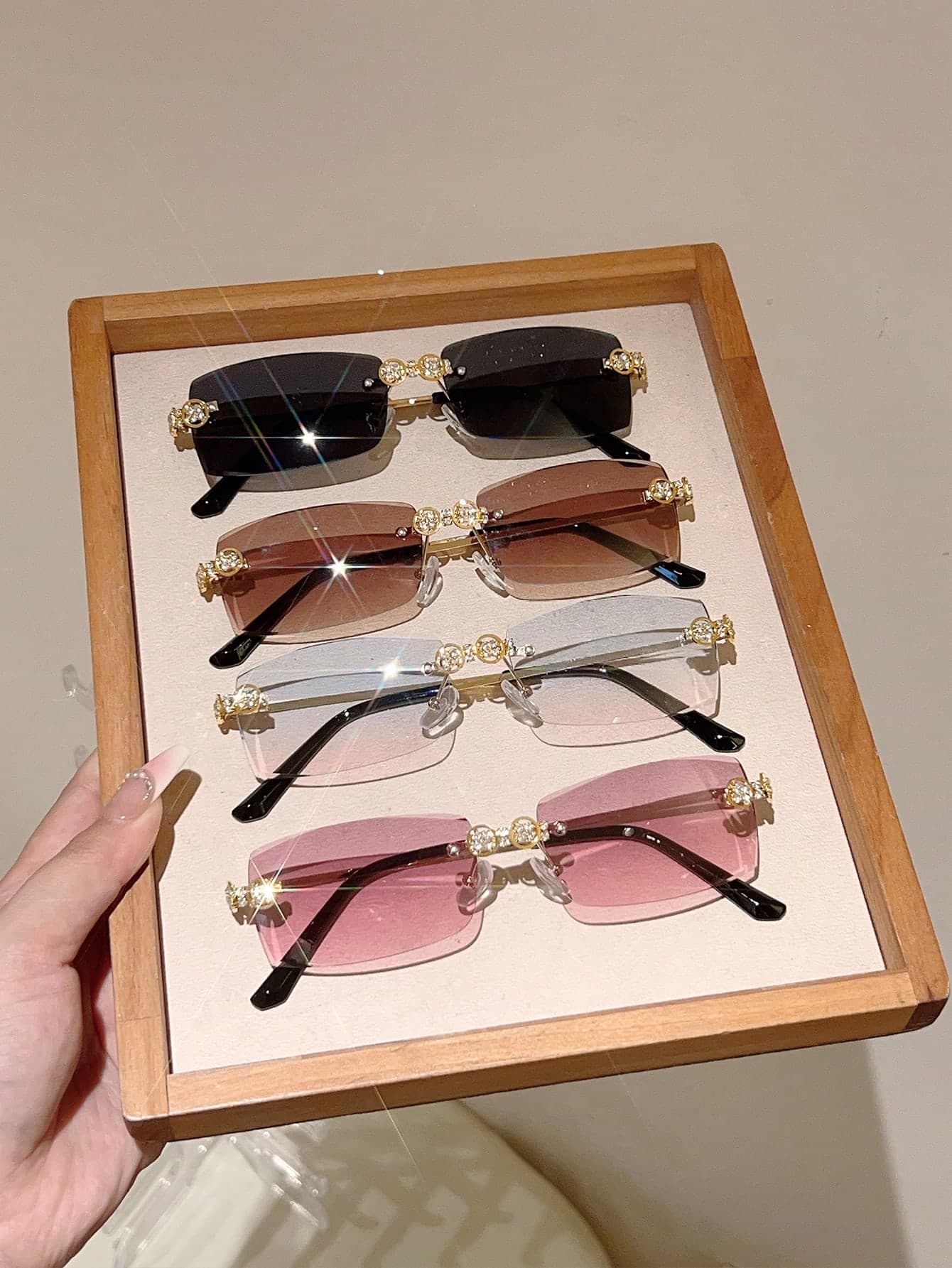 1 Pair Women's Rectangular Frame Fashion Glasses, Beveled Design With Rhinestone Decoration