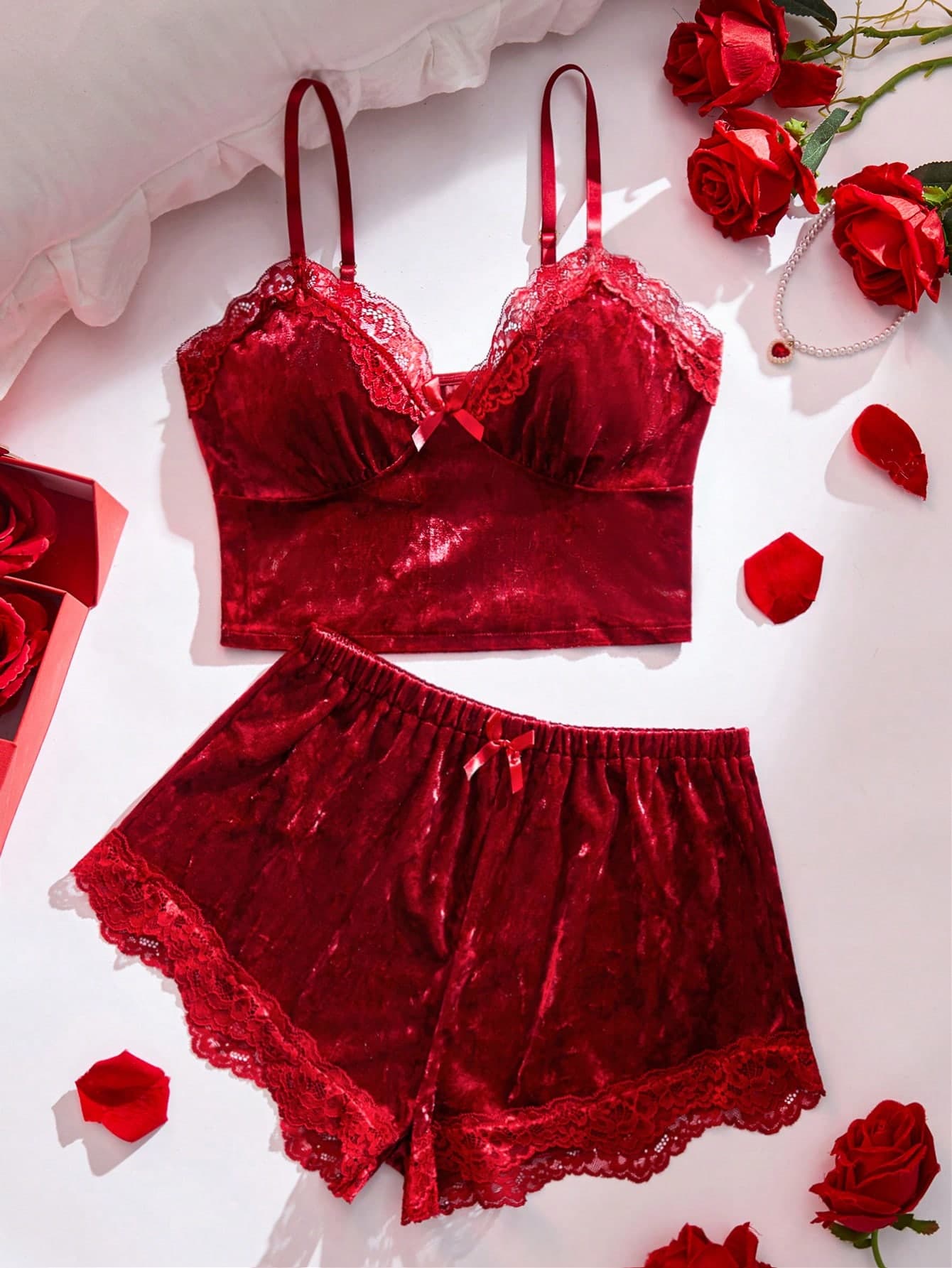 2pcs Women V-Neck Solid Color Pajama Set, Including Lace Trim V-Neck Camisole Top And Bow Decor Shorts, Comfortable Soft Sleepwear Set