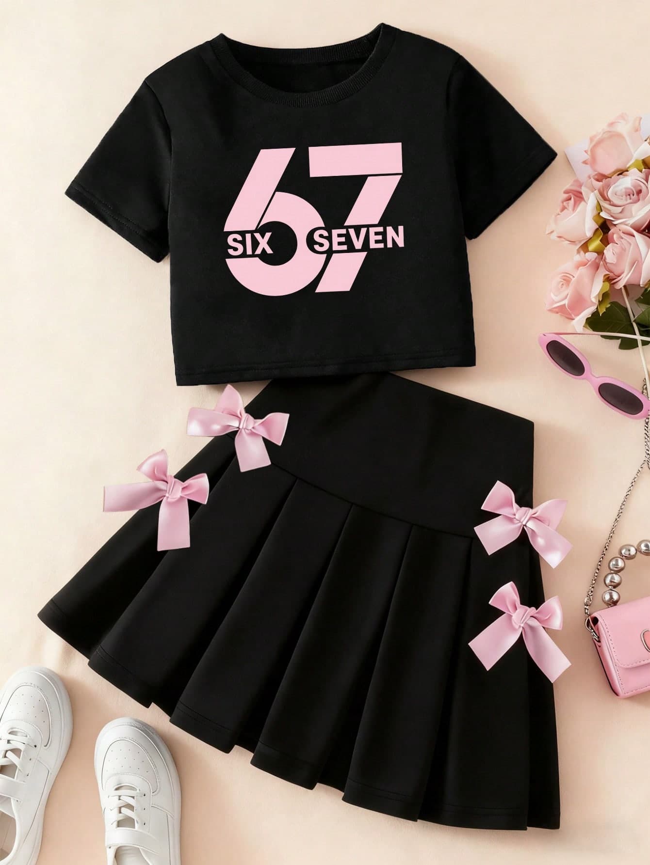 Young Girl Bow Print Round Neck Short Sleeve Top And Skirt Set