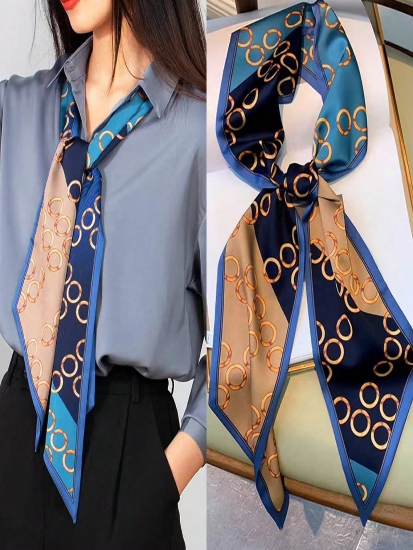 1pc Double-Sided Printed Silk Feel Scarf, For Women In Spring, And To Wear Around Neck, Pair With Shirts, As Hair Accessories