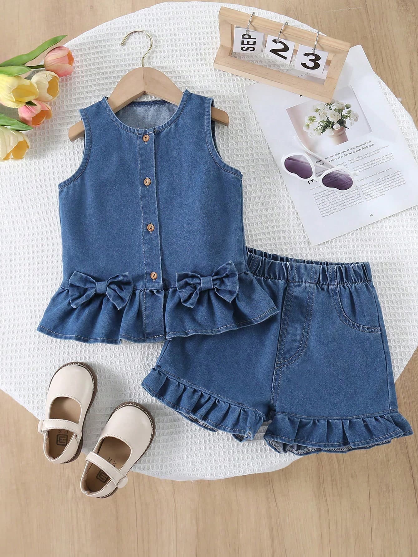 2pcs/Set Girls Toddler Fashion Street Casual Outdoor Versatile T-Shirt & Vintage Denim Shorts Set