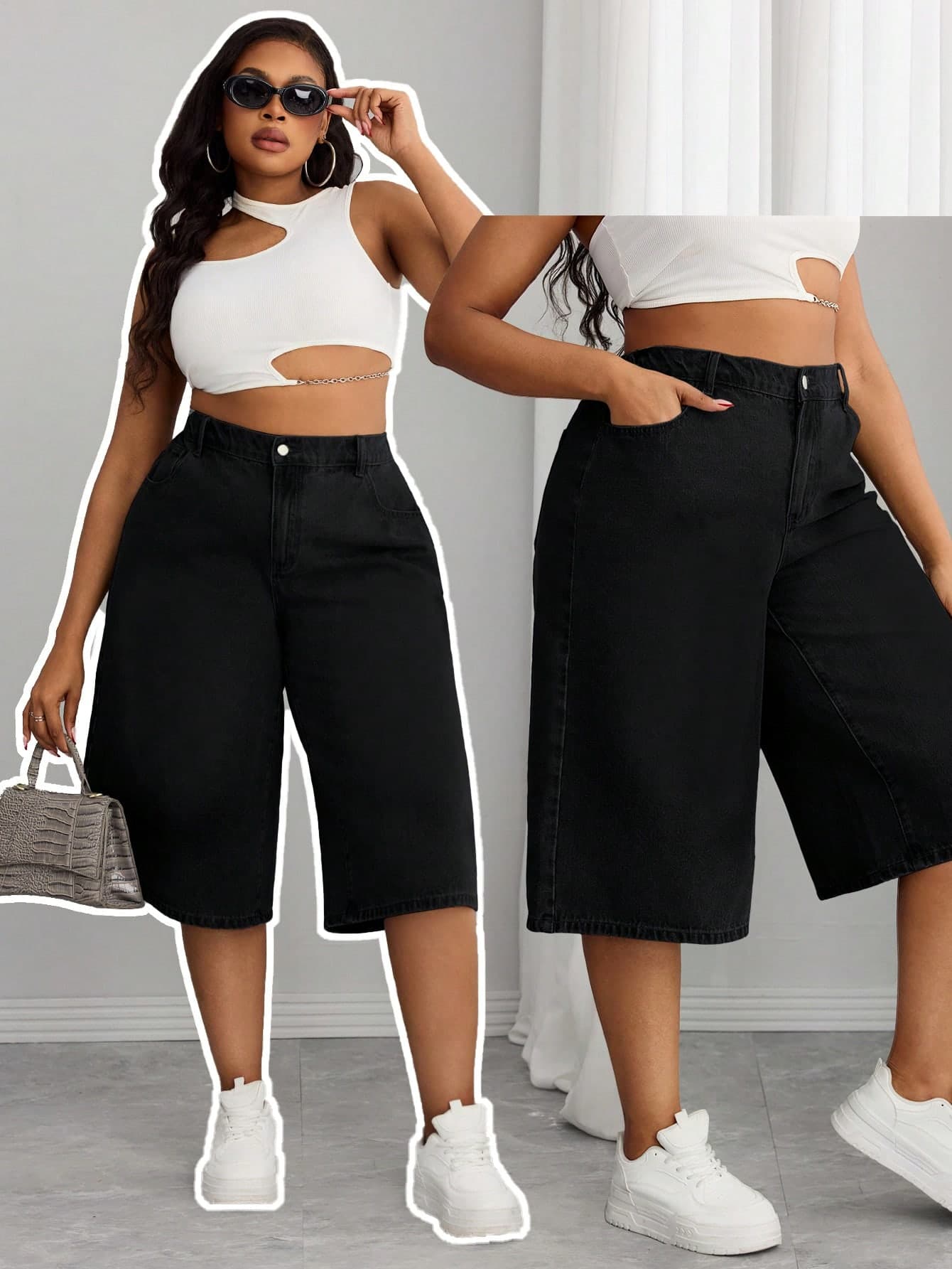 Plus Size Women's Black Elastic Waist Denim Bermuda Shorts, Slimming Contrast Stitching Design, Vintage Style, Suitable For Commuting In Summer And Autumn Casual