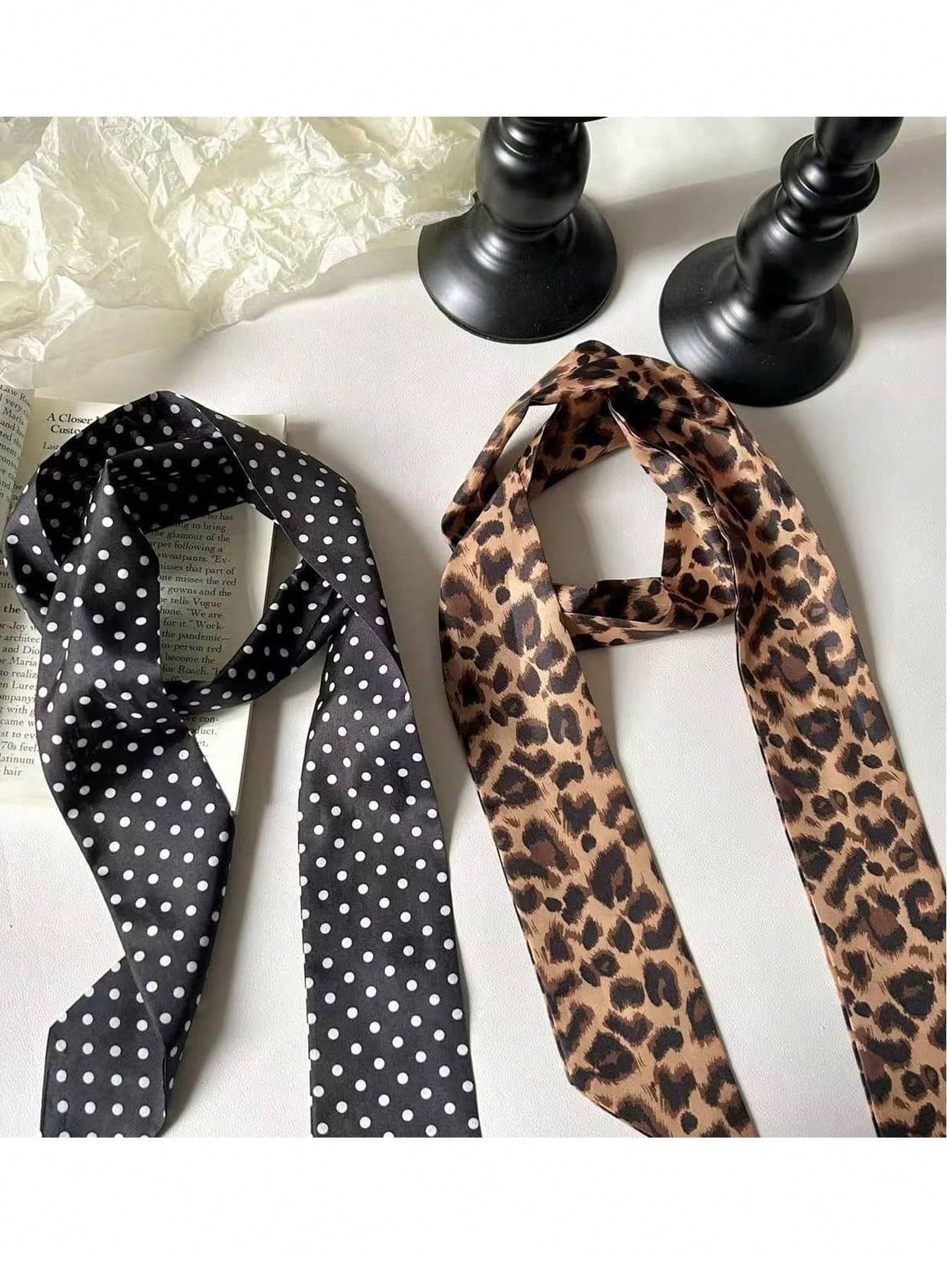 1pc American Retro Leopard Print Silk Scarf, Polka Dot Scarf, Women's Niche Item, Belt And Necktie, Korean Style Long Scarf, Suitable For Matching With Dresses, Black Polka Dot Silk Scarf