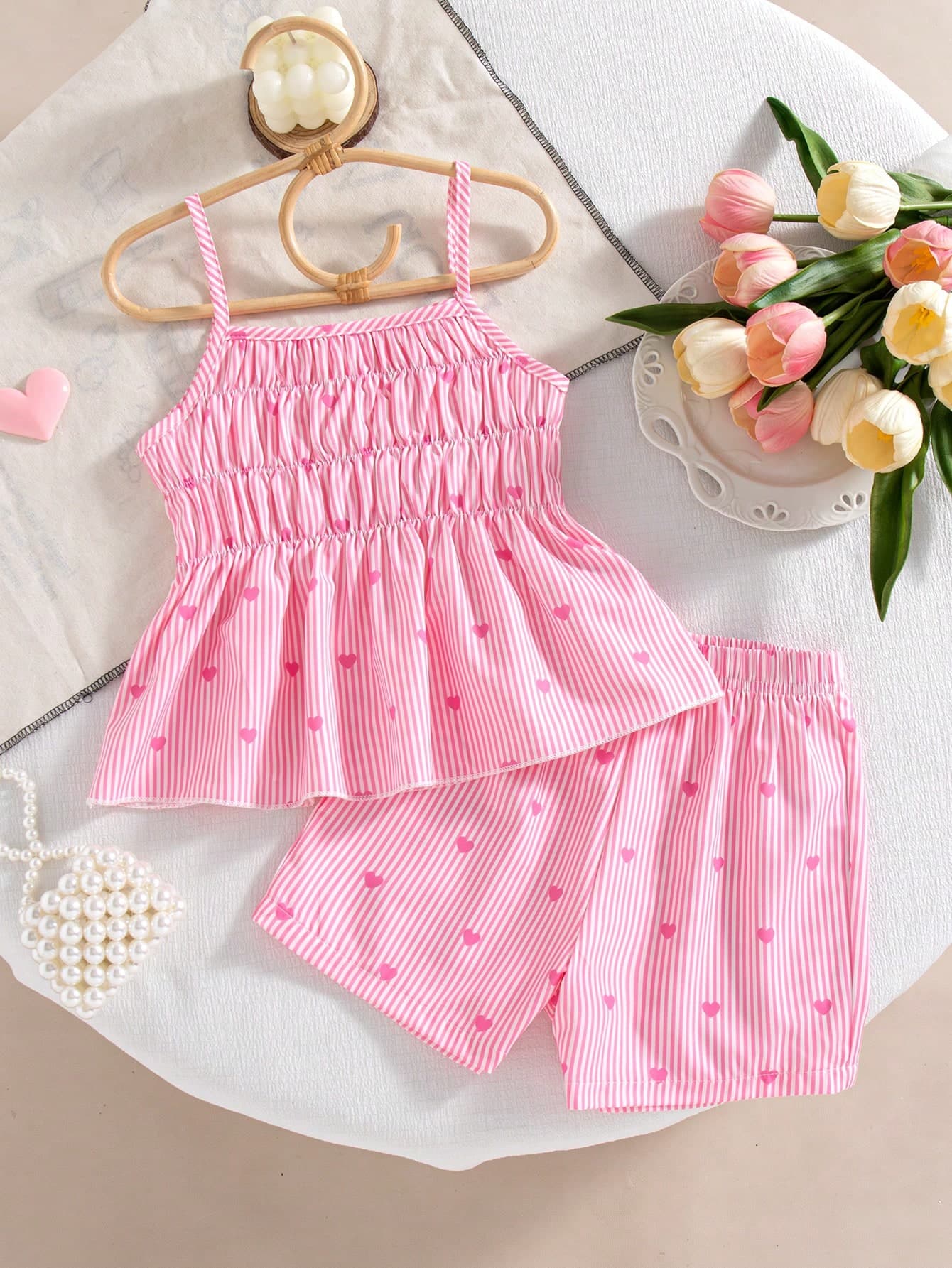 2pcs Girls Casual Striped Heart Print Decor Camisole Top And Elastic Waist Shorts Set, Spring/Summer