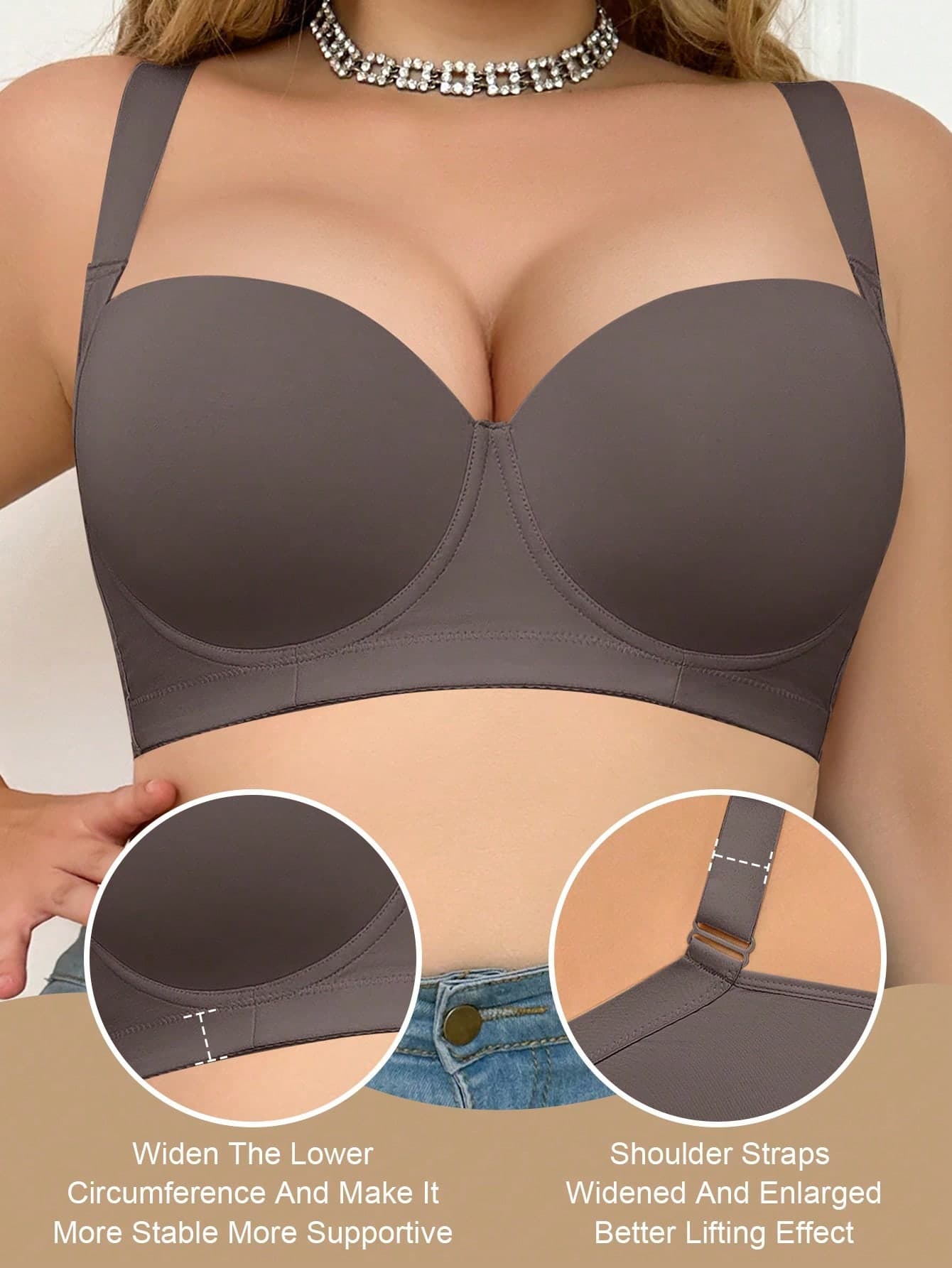 MIMILEMON Mocha Brown Seamless Plus Size Women's Bra, Smooth Minimalist Wide Strap Comfortable Lift And Support Bra