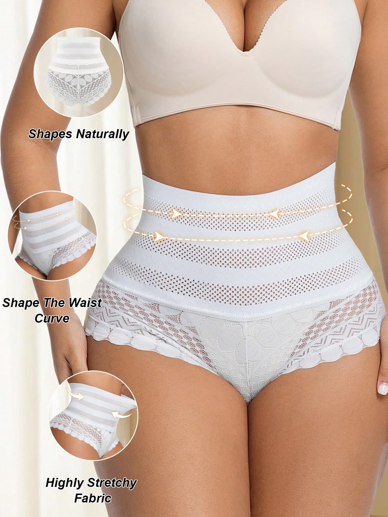 Women's Comfortable Lace Trim High Waist Compression Shapewear Panties