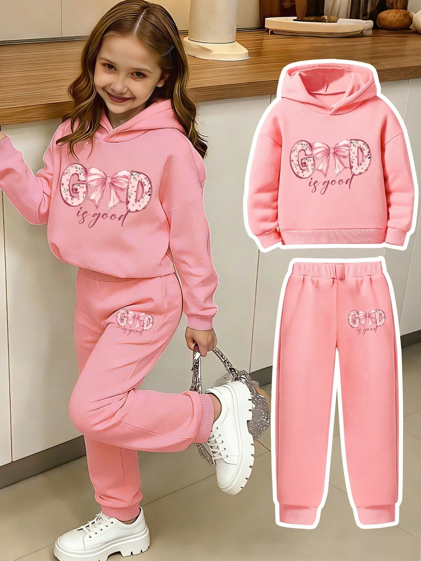 Youth Girl Letter Print Warm Hoodie And Sweatpants Set