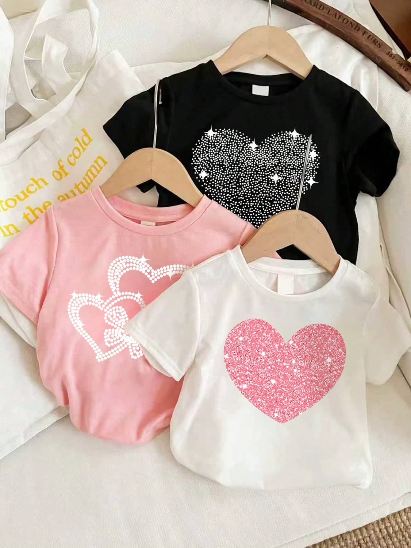 3pcs/Set Young Girl Heart Print Short Sleeve Tee