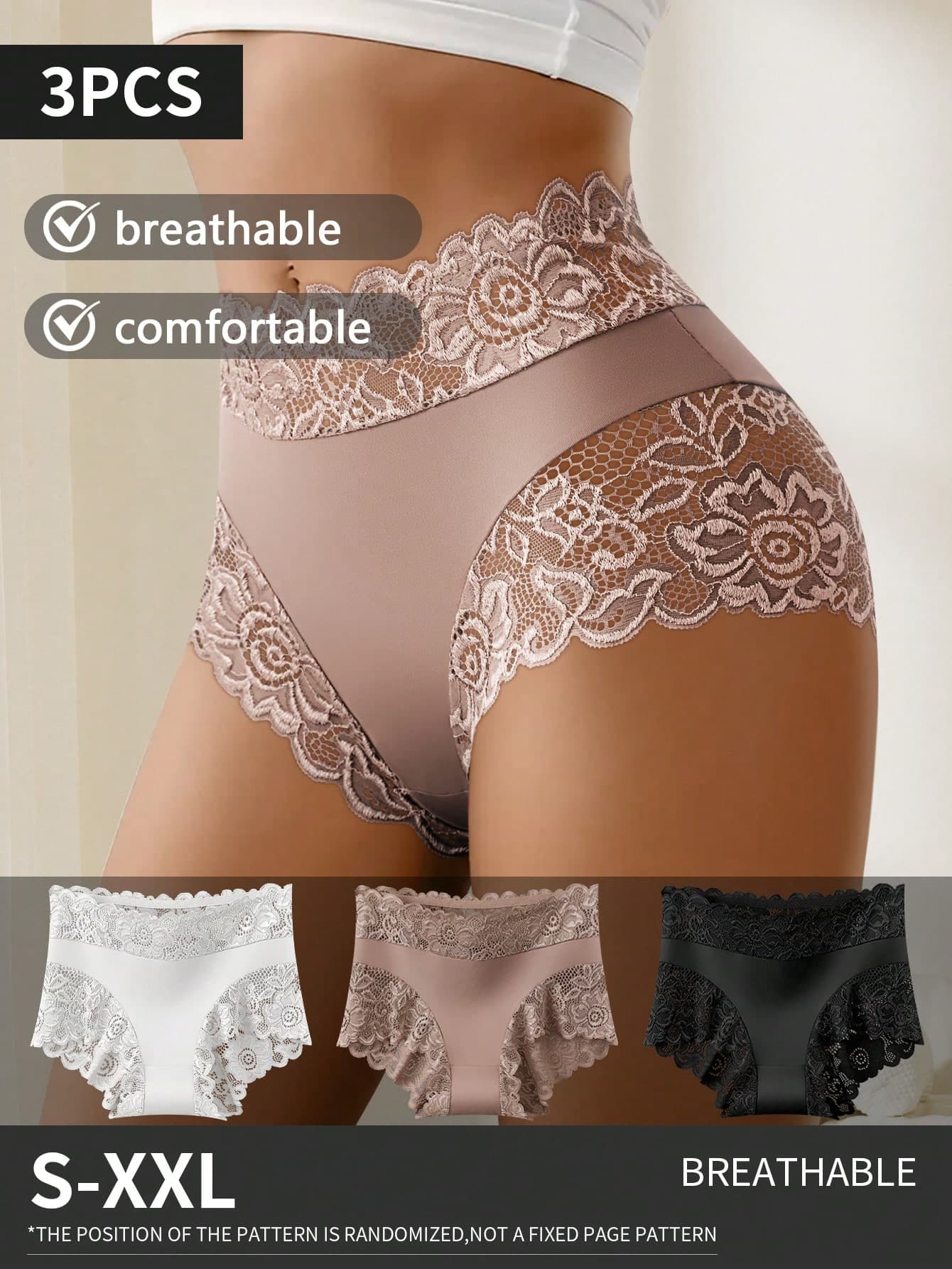 QUASTI 3pcs Women's Lace Print Sexy Breathable Comfortable Briefs
