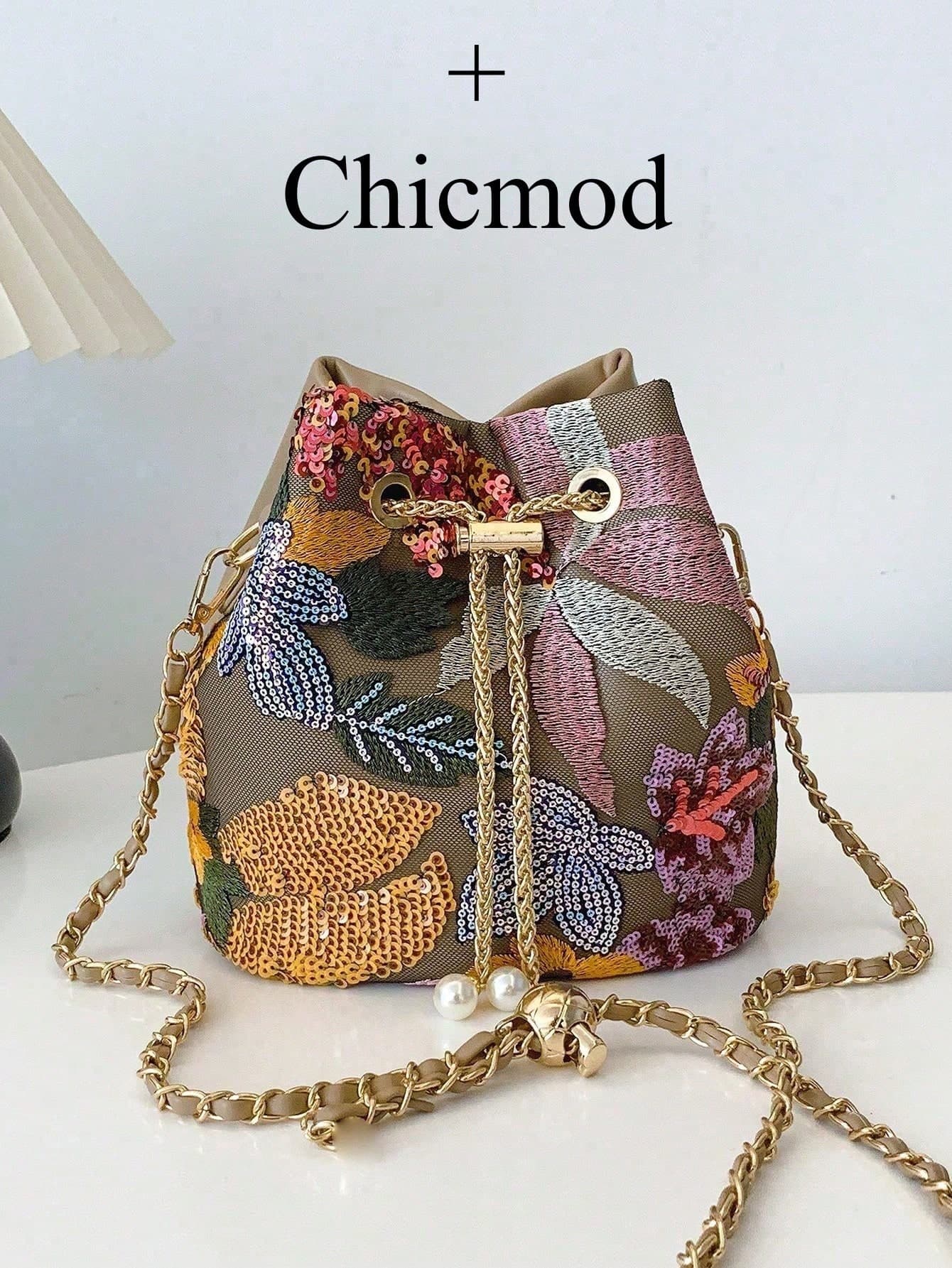 1pc Colorful PVC Floral & Leaf Embroidery Linen Bucket Bag, New Holiday Style Shoulder Bag, Fashion Versatile Chain Crossbody Bag