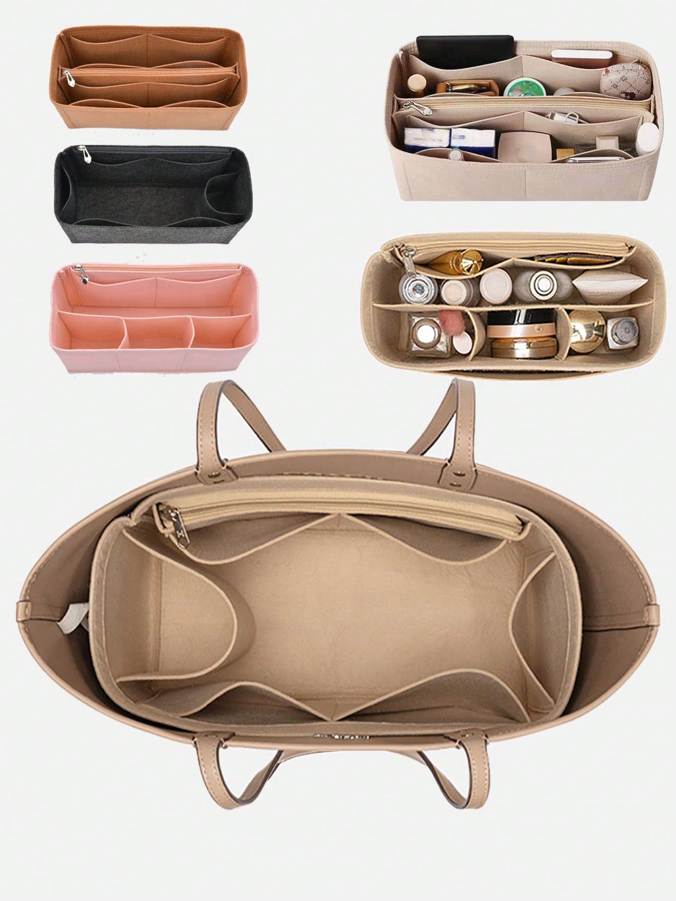 1pc Felt Lined Makeup Bag, Medium Size Multifunctional Storage Bag, Felt Lining, Large Capacity Cosmetic Organizer Bag With Multiple Compartments, Can Store Keys, Phones, Lipsticks And Other Items - Fashionable Portable Travel Accessory