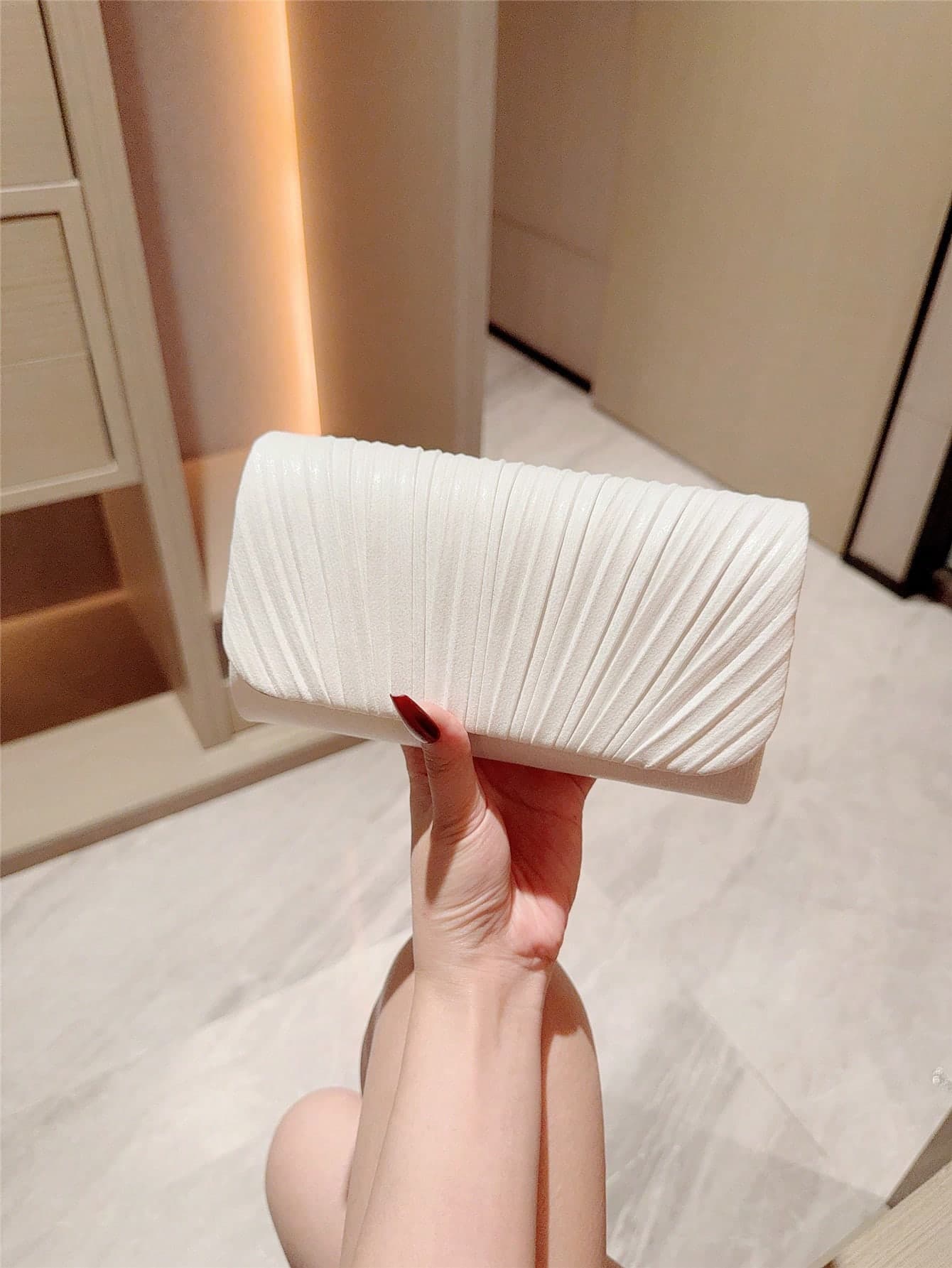 Women's Elegant Fashion Mini Flap Pleated Square Bag With Chain, Evening Clutch, Wedding,Bride