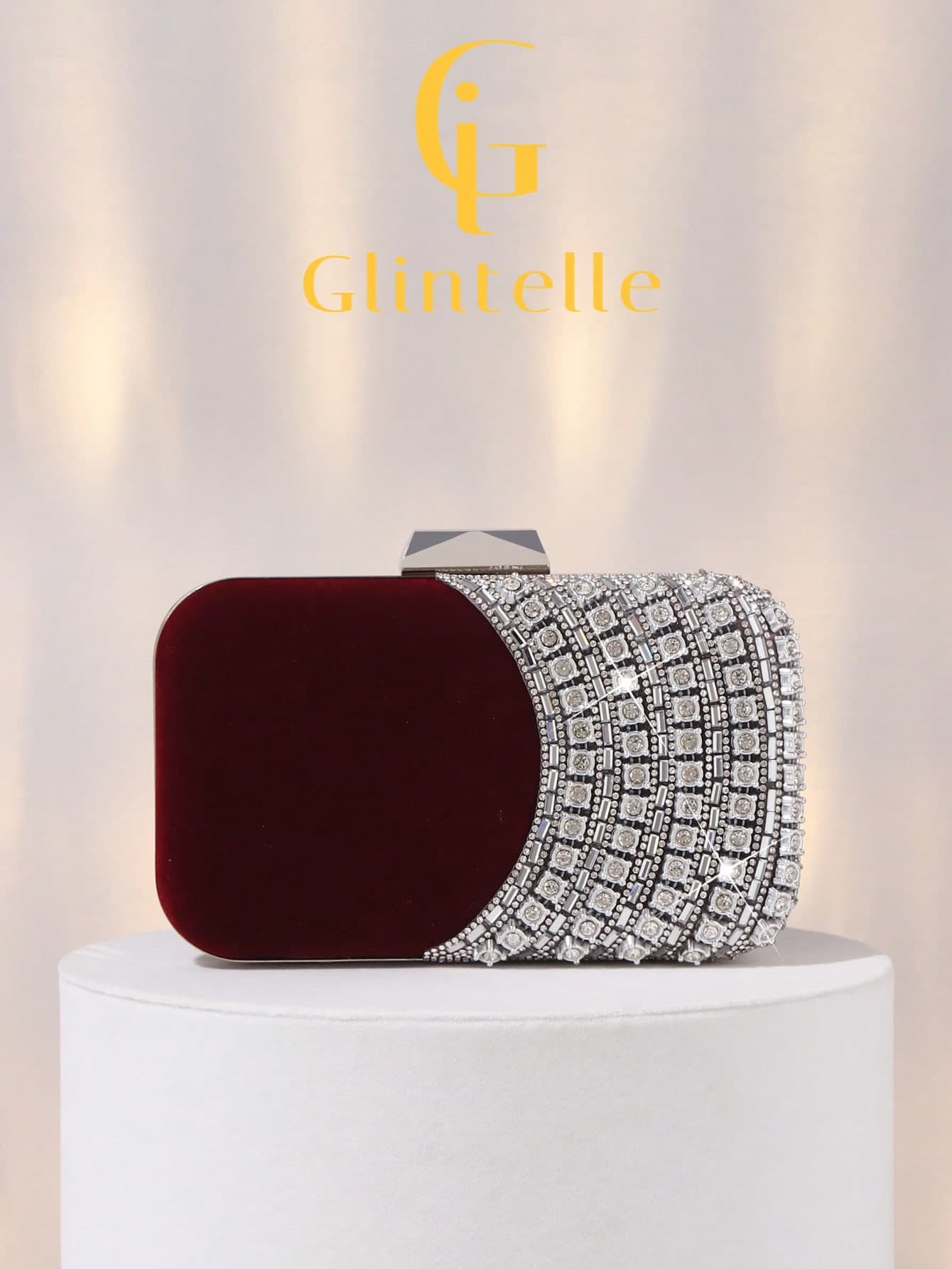 Glintelle 1pc Elegant Velvet Diamond Sequin Box-Shaped Evening Bag, Luxury Gemstone Decor Party Clutch With Detachable Metal Chain Shoulder Or Crossbody Strap, Suitable For Wedding, Party, Formal Occasion, Holiday Gift, Best Gift For Women