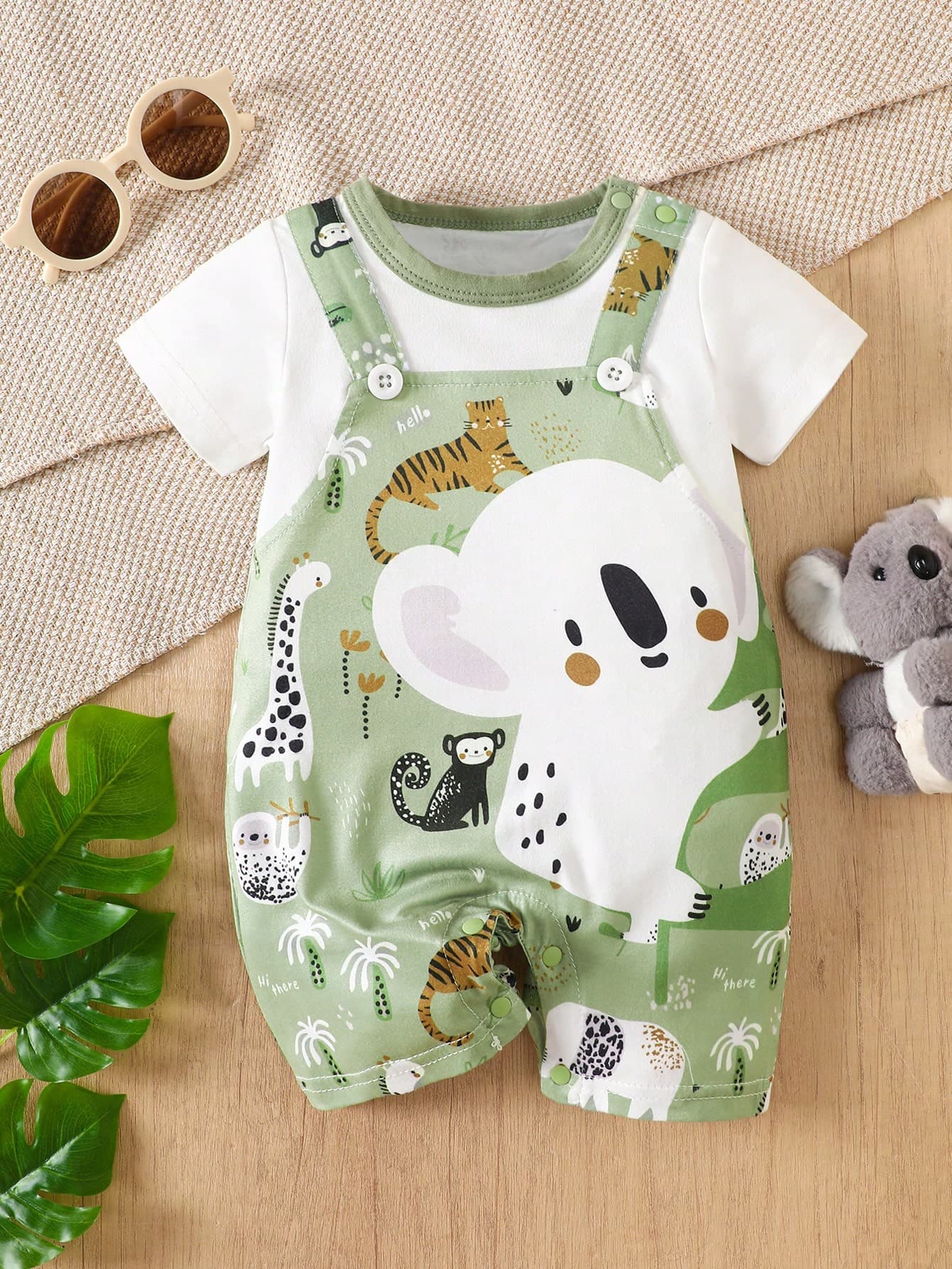 Summer Baby Boys Cartoon Koala Print Bib Pants Patchwork 2 In 1 Short Sleeve Romper