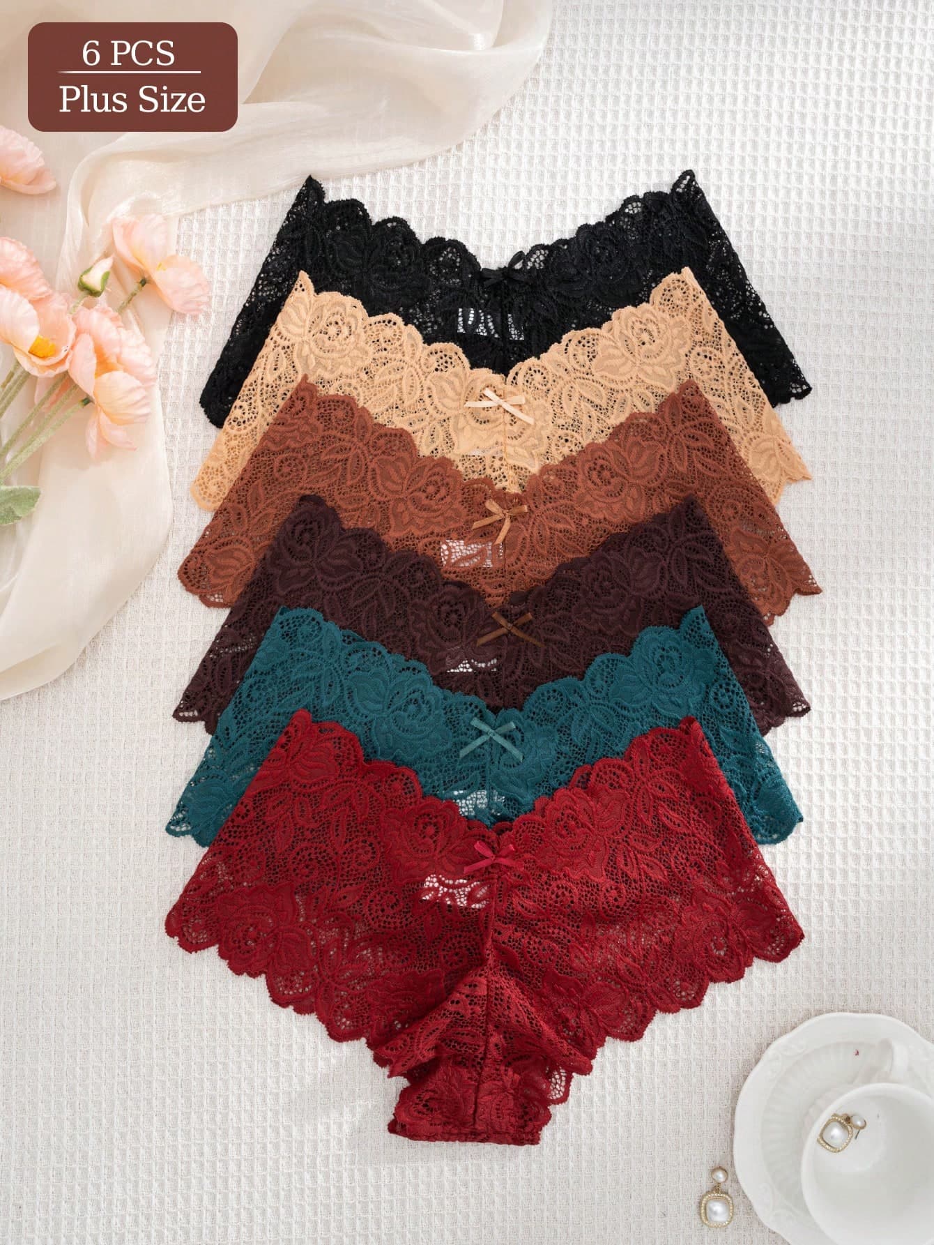 6pcs/Pack Plus Size Women Sexy Lace Trim Bikini Panties
