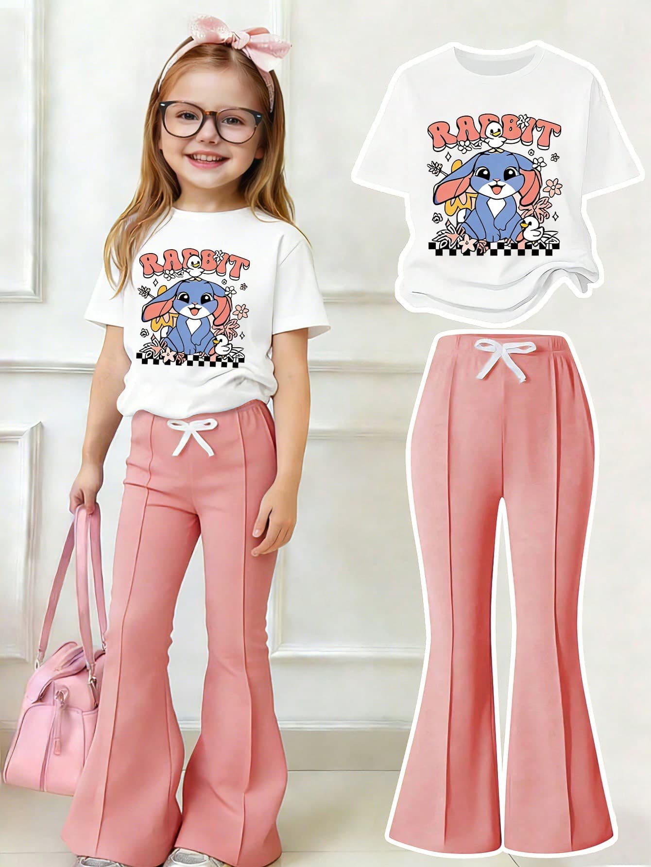 Toddler Girls' Cartoon Print Round Neck Short Sleeve Top And Flare Pants Set