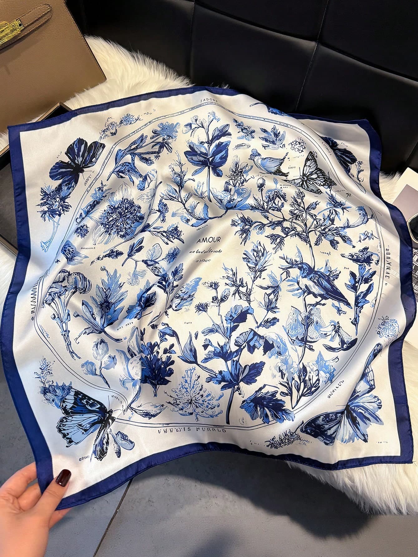 1pc Silk-Like Butterfly & Floral Print Square Scarf For Women As Bandana, Waist Belt, Bag Decor, Hair Accessory, For Daily Wear