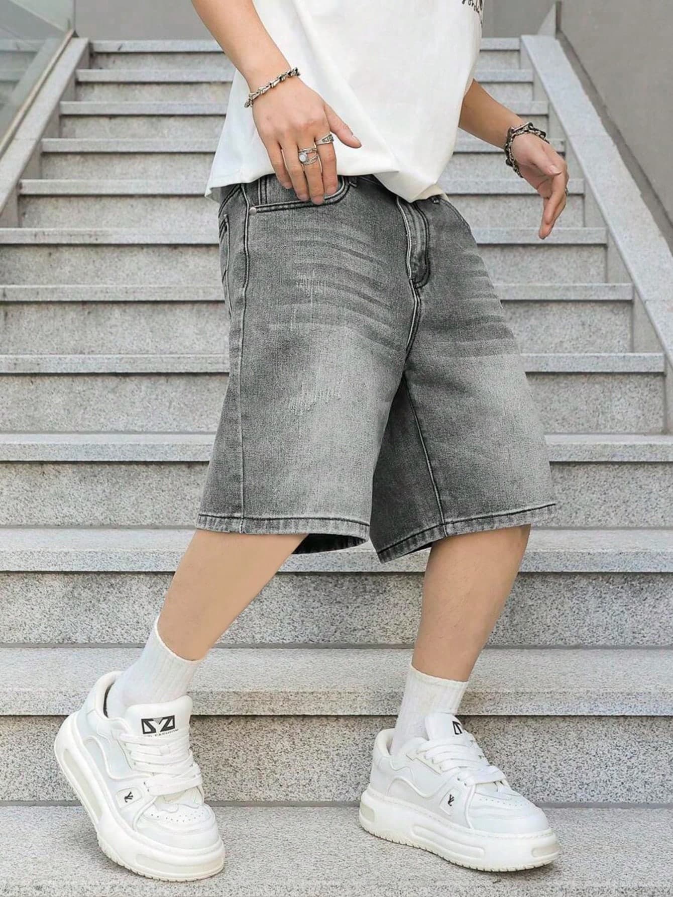 European And American Casual Style Slim Fit Straight Leg Gray Denim Shorts For Teenage Boys