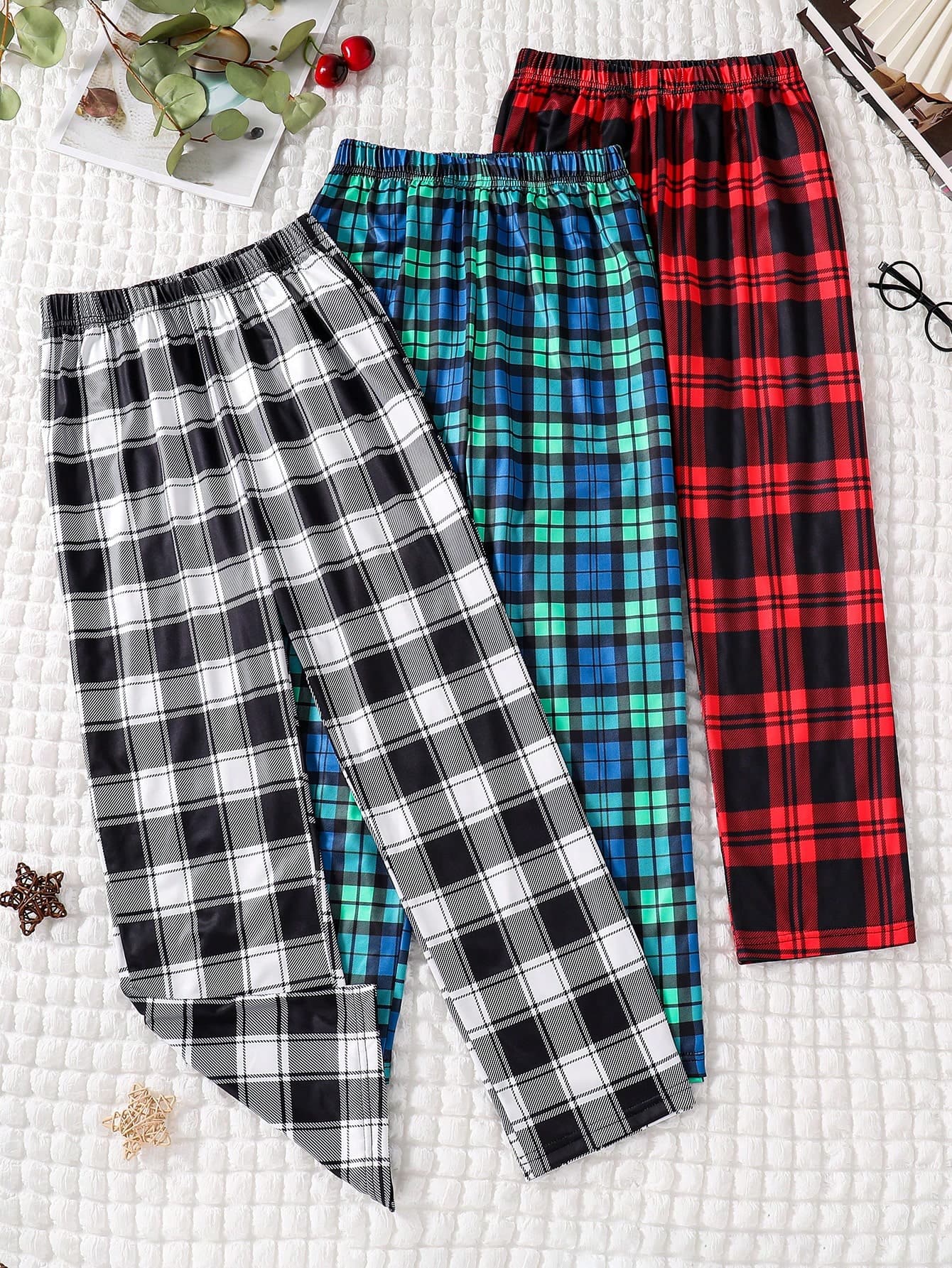 3pcs/Set Teens/Boys' Casual Plaid Straight Loose Pants, Soft & Comfortable, Made Of Lightweight Fabric, Suitable For Spring/Summer Daily Wear, Vacation And Leisure Occasions