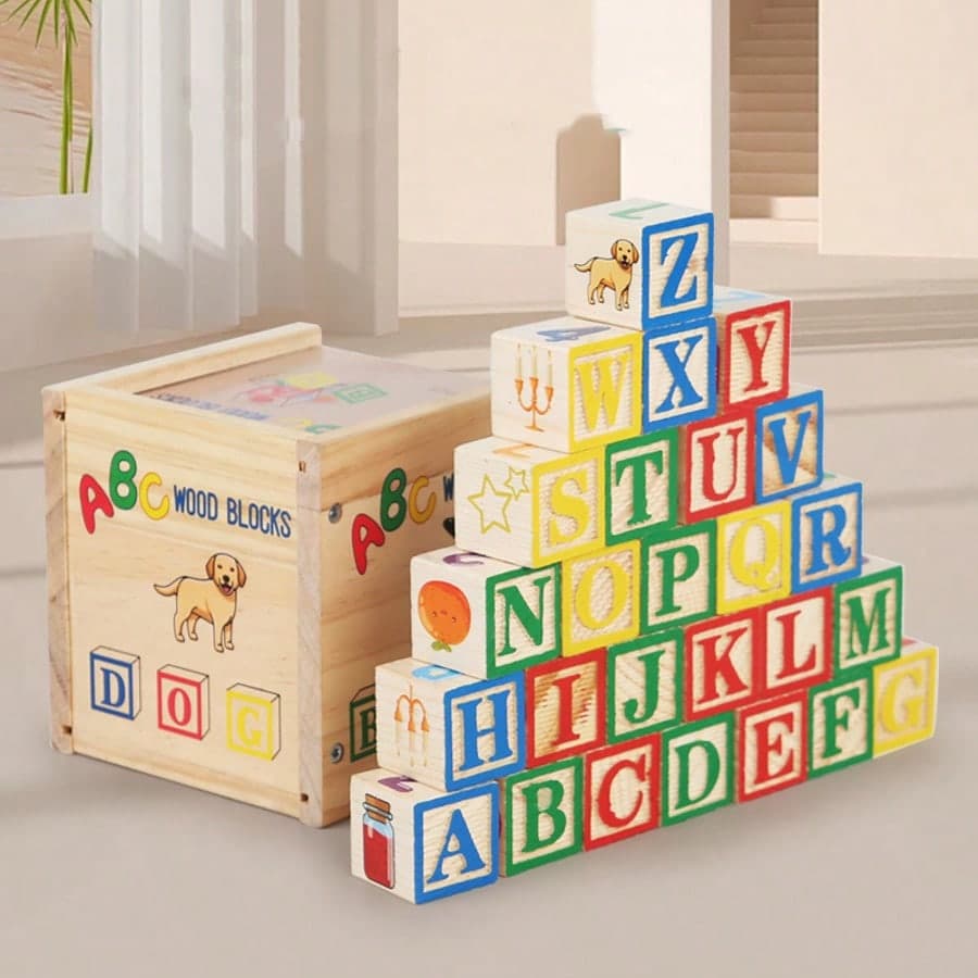 27pcs Colorful ABC Wooden Printing Large Building Blocks, Letter & Number Recognition Cube Blocks Creative Stacking Word Building Toy Set, Educational Interactive Toy For Boys And Girls