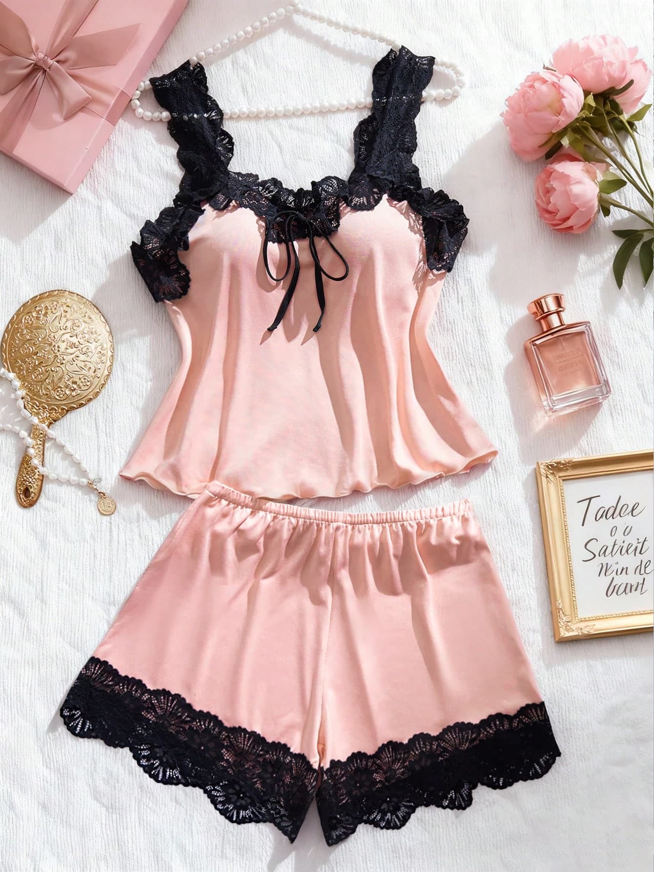 2pcs/Set New Contrast Color Sexy Women's Lingerie Set, Lace Trim Ruffle Top And Lace Patchwork Panties, Comfortable Sleepwear Sexy Underwear Set